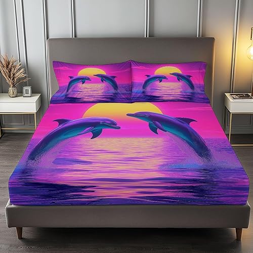 Miniatura 3 de Juego de sábanas de 4 piezas para cama de agua de mar morada, diseño de delfín, estilo Synthwave, para niños, decoración de habitación, sábana