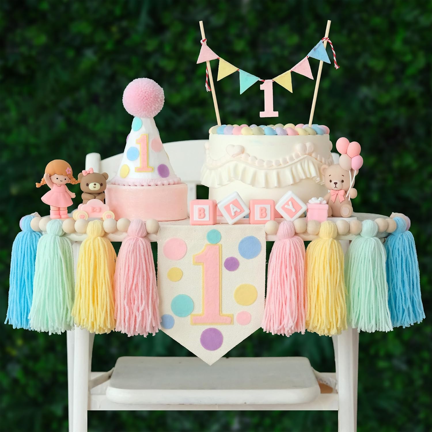 Macaron Pastel Dot 1st High Chair Banner Conical Cap Colourful Macaron Cake Topper for Boys Girls Birthday Party Decorations