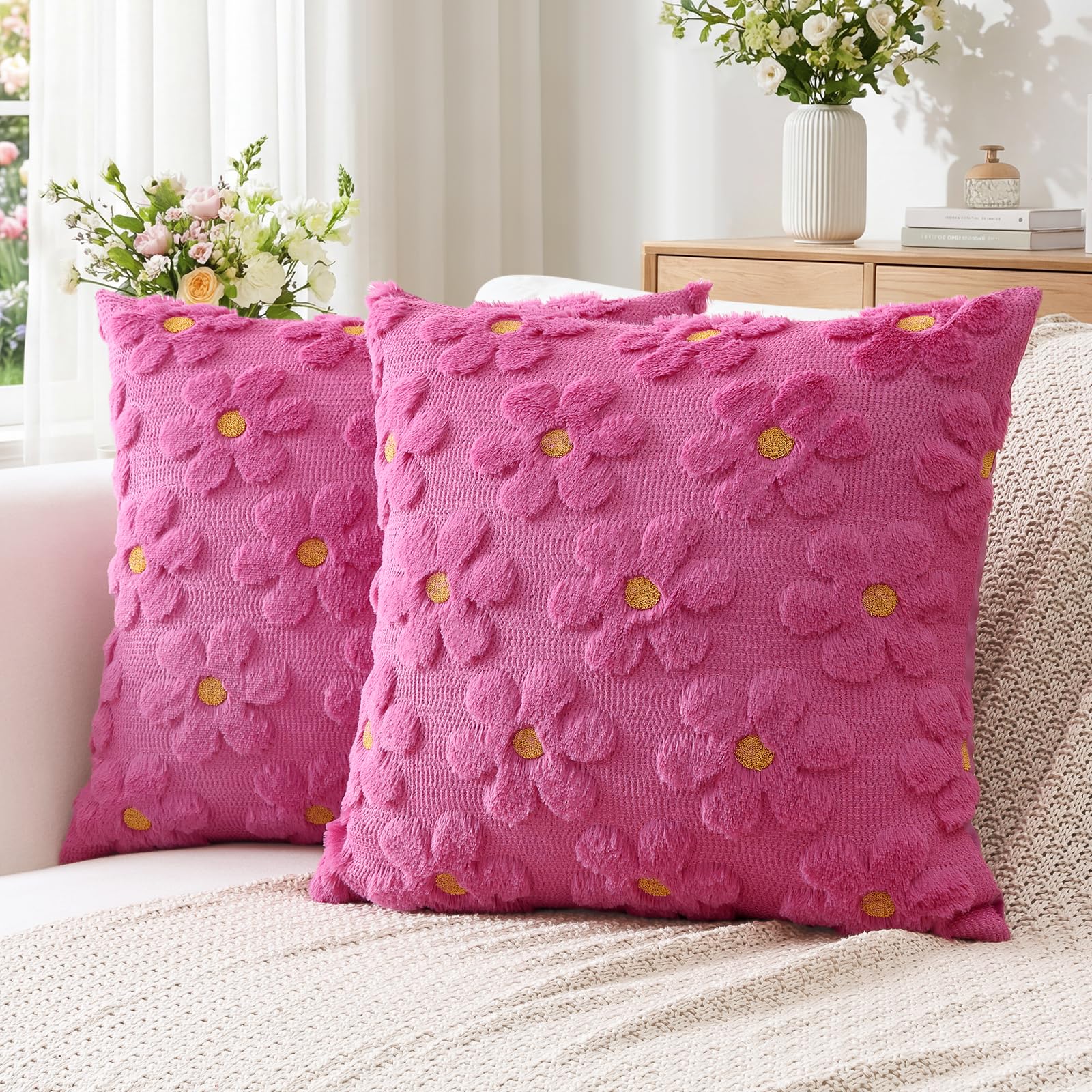 Artscope Spring Summer Cushion Covers Set of 2 Flowers Throw Pillow Covers for Sofa 40x40cm Square Seasonal Soft Plush Short Wool Velvet Cushion Case Holiday Decor Rose Pink