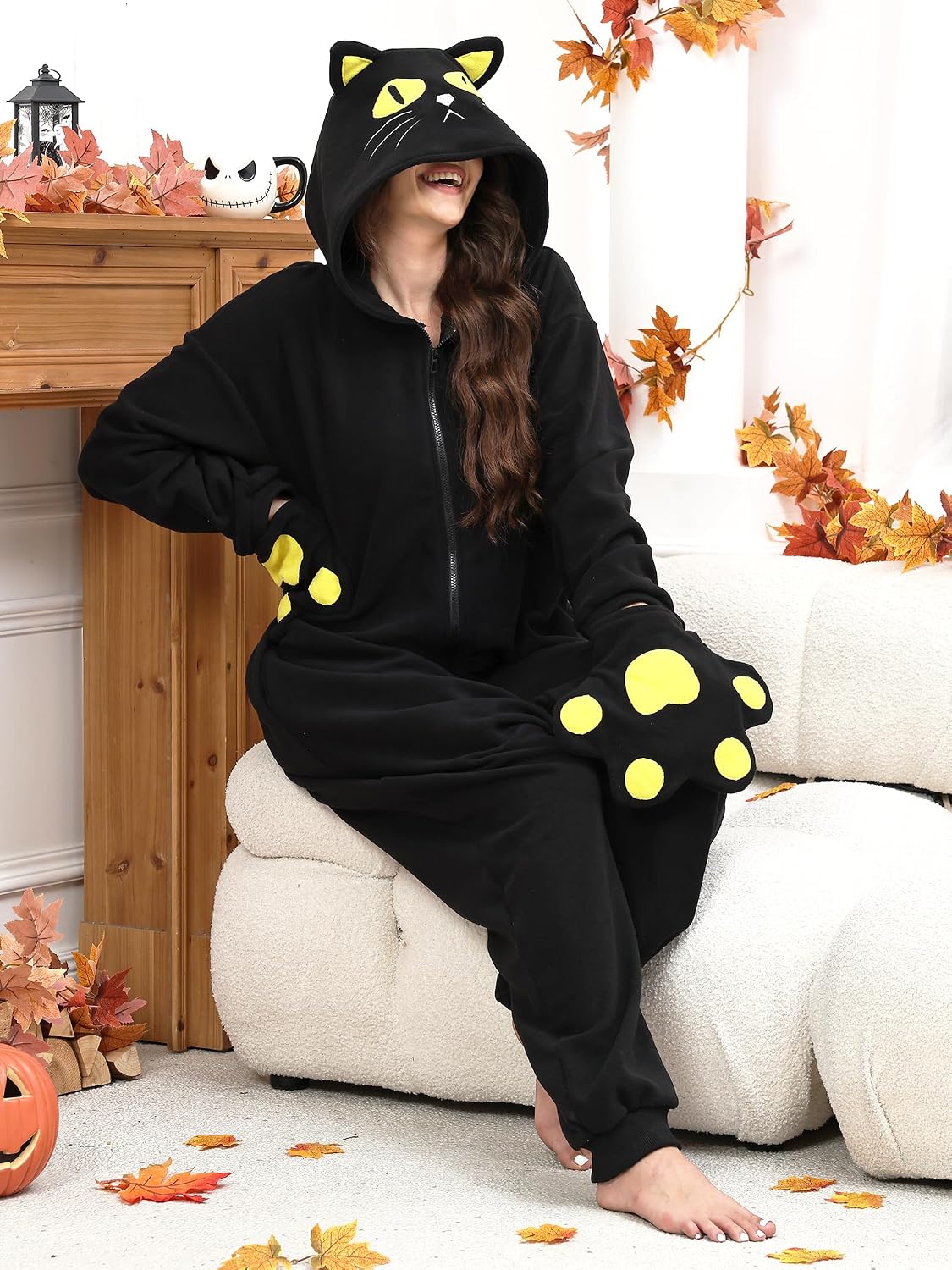 Black Cat Costume Women Adults Cat Onesie Cosplay Hooded Pajamas Sleepwear