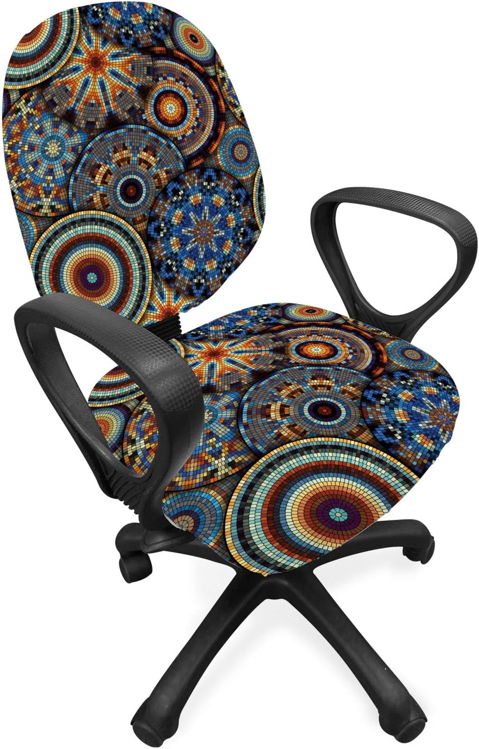 Lunarable Mosaic Office Chair Slipcover, Old Fashioned Renaissance Motifs Circular Geometric Fractal Vintage Design Tile, Protective Stretch Decorative Fabric Cover, Multicolor