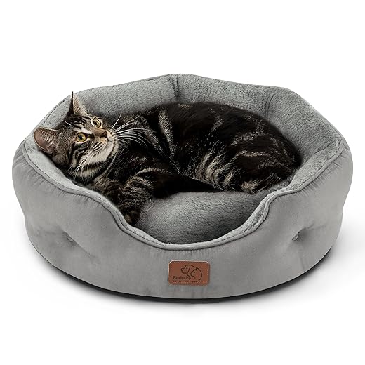 Bedsure Dog Beds for Small Dogs - Round Cat Beds for Indoor Cats, Washable Pet Bed for Puppy and Kitten with Slip-Resistant Bottom, 20 Inches, Grey