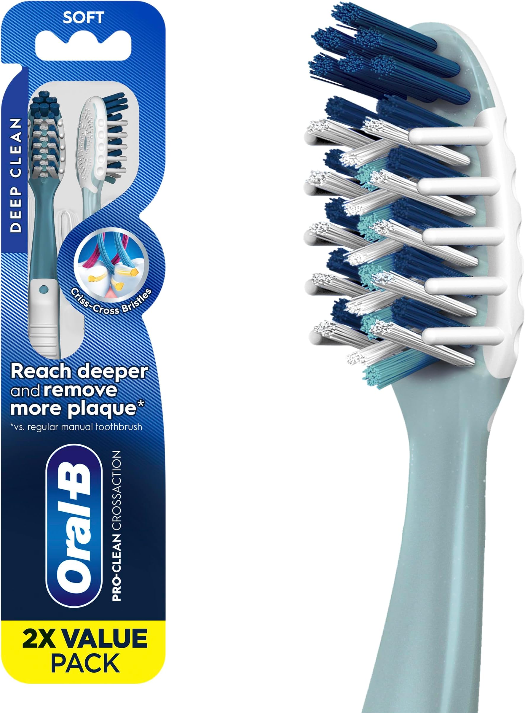 Oral-B Pro Health CrossAction Plaque Removal toothbrushes, 2 Count Toothbrush Soft, Deep Reach in Tight Spaces, Tongue Scraper Tooth Brush, Plaque Fighter, Gentle on Teeth, Gum stimulators