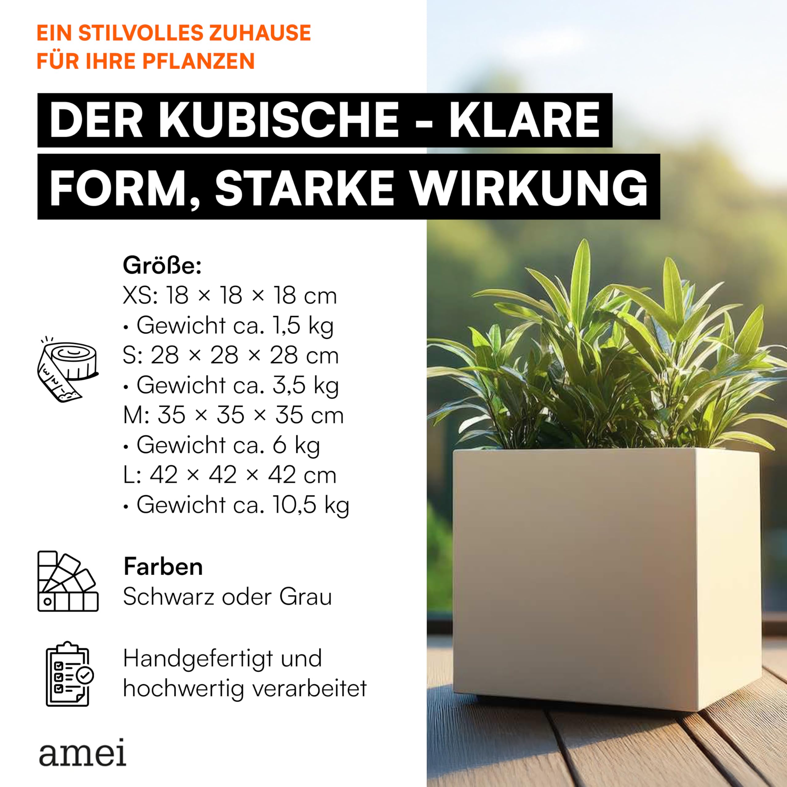 amei Der Kubische Pflanzkübel aus Fiberglas (Grau 42 x 42 x 42 cm) – Blumenkübel in geometrischer Optik – Handgefertigter Pflanzenkübel aus Stonefiber – UV-beständig und frostfest