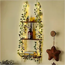 JERESER Prateleira suspensa com luzes de videira (alimentada por USB), prateleira de macramê, prateleira de parede com cordas feitas à mão, prateleira flutuante de 3 níveis, estética de decoração de quarto boho para suculentas, quarto, sala de estar, banheiro