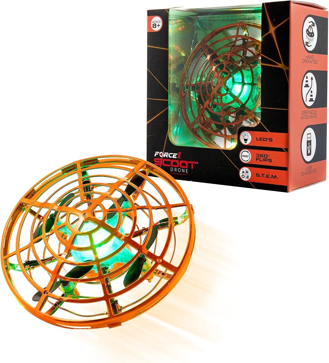 Force1 Scoot Skeet Mini Drone Juego de disparos electrónico para niños (solo dron) - Drones de mano para niños compatibles con Scoot Skeet LED Blaster, juego de objetivo electrónico interior Flying Ball Drone Toy (naranja)
