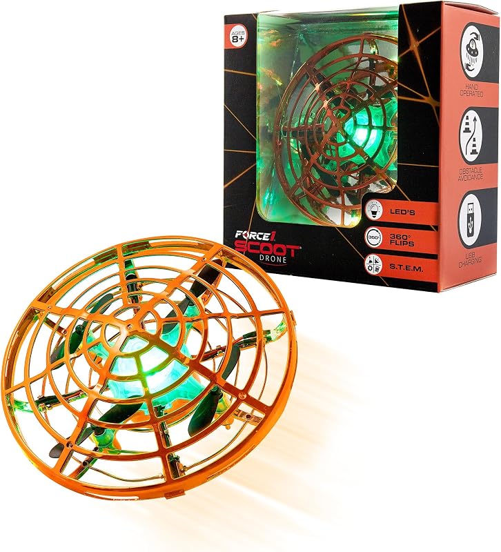 Force1 Scoot Skeet Mini Drone Juego de disparos electrónico para niños (solo dron) - Drones de mano para niños compatibles con Scoot Skeet LED Blaster, juego de objetivo electrónico interior Flying Ball Drone Toy (naranja)