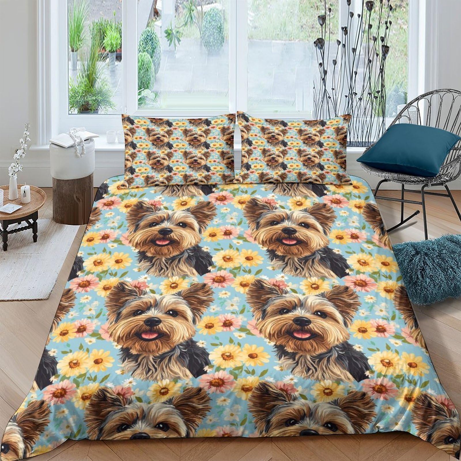 Ctjqhvkz Style-2 3D Printed Yorkshire Terrier Fitted Sheet Microfiber Soft Sunflower Bed Cover Anti-Slip Machine Washable Bedroom Decor Single（135X200cm）