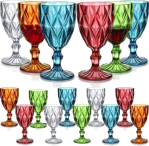 Zhehao Juego de 16 copas de vino acrílicas vintage de 12 onzas con patrón en relieve, copas de vino de colores, inastillables, reutilizables, copas