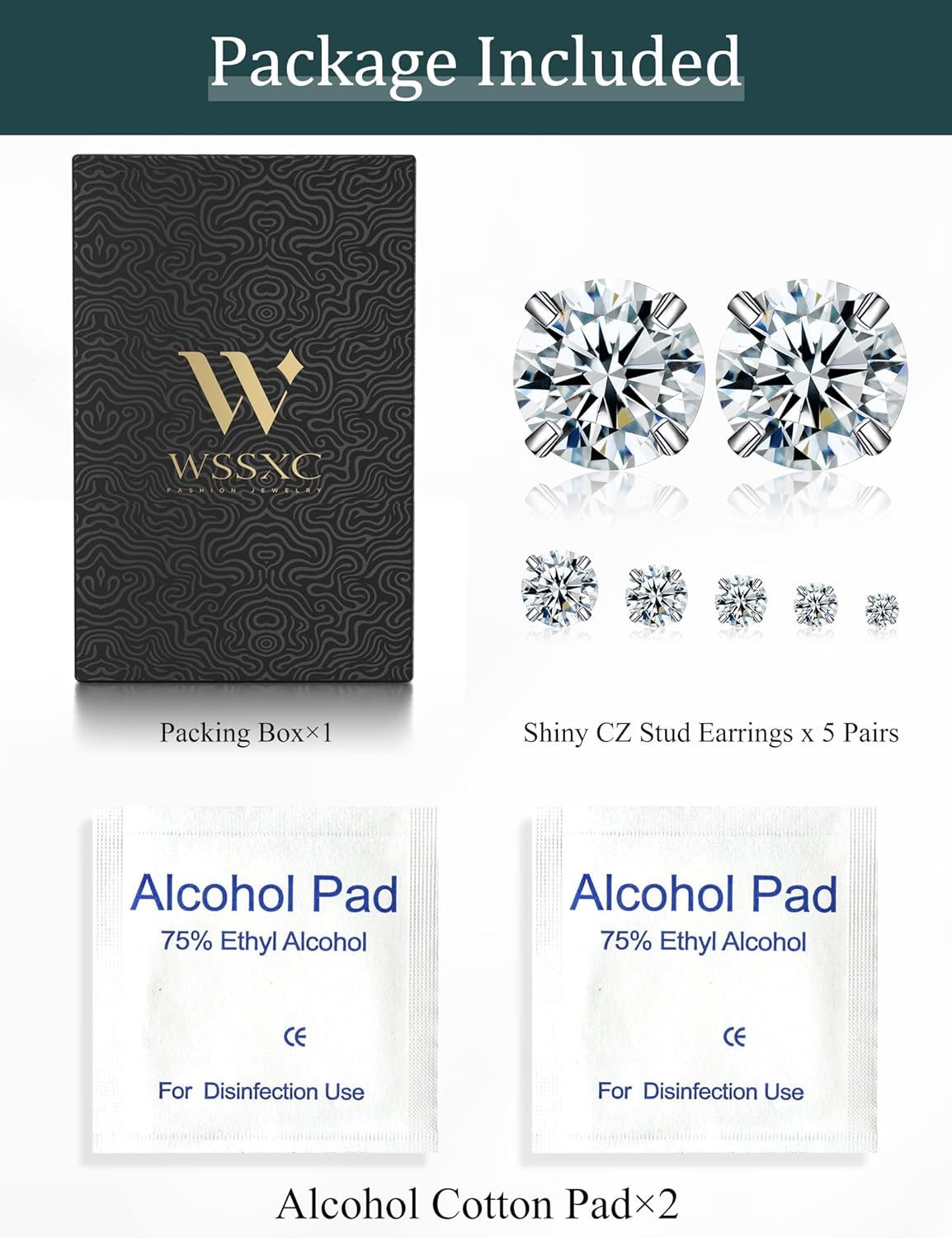 6 Pairs Stud Earrings Set, Hypoallergenic Cubic Zirconia 316L Earrings Stainless Steel CZ Earrings 3-8mm (Steel color) - Image 7