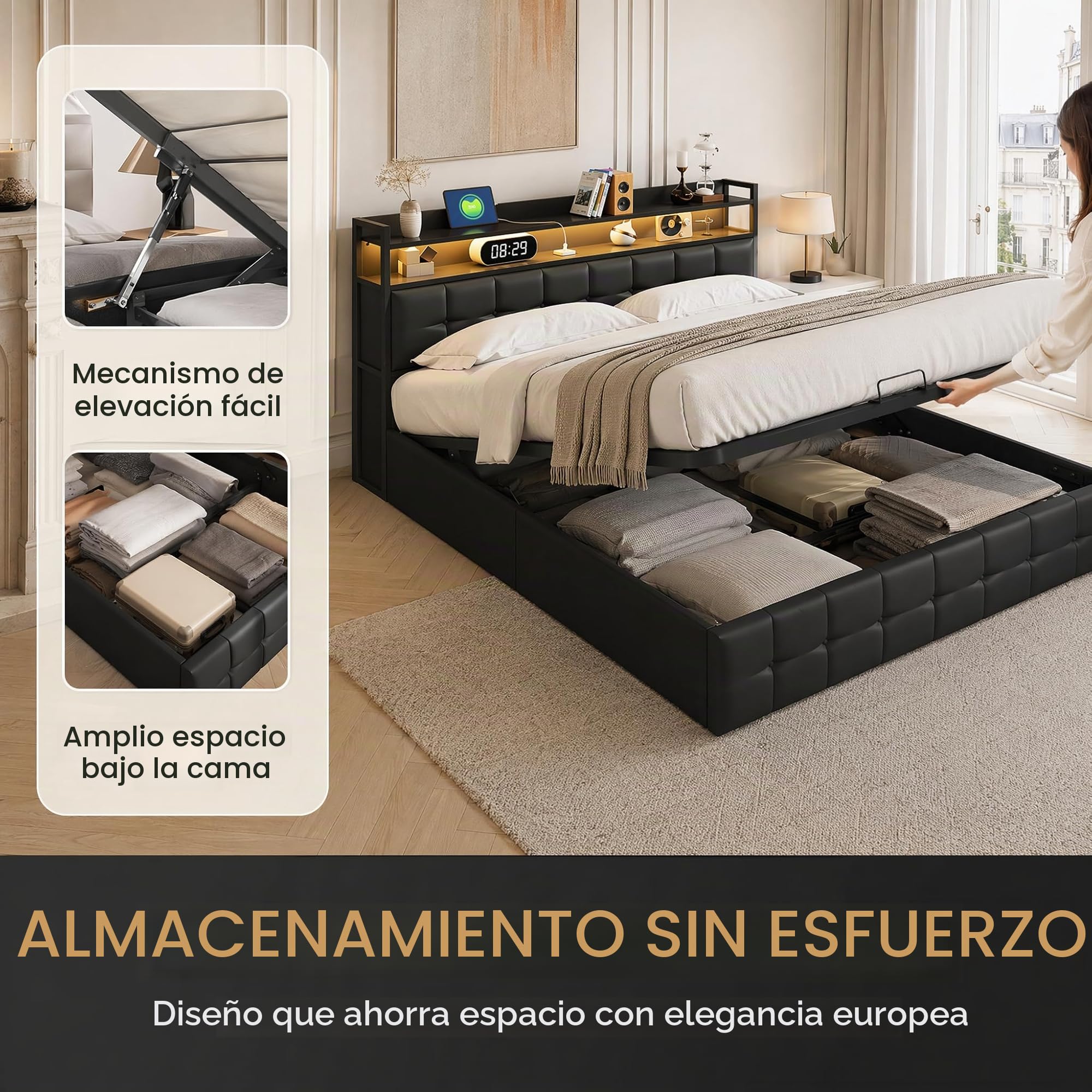 Cama de Matrimonio 140x200 con Almacenaje y Cabecero, Cama Doble Tapizada con LED y USB-C Camas Matrimoniales 140x200 con Hidráulica Almacenaje Marco de Cama matrimonial Tela de PU Negro, Sin Colchón