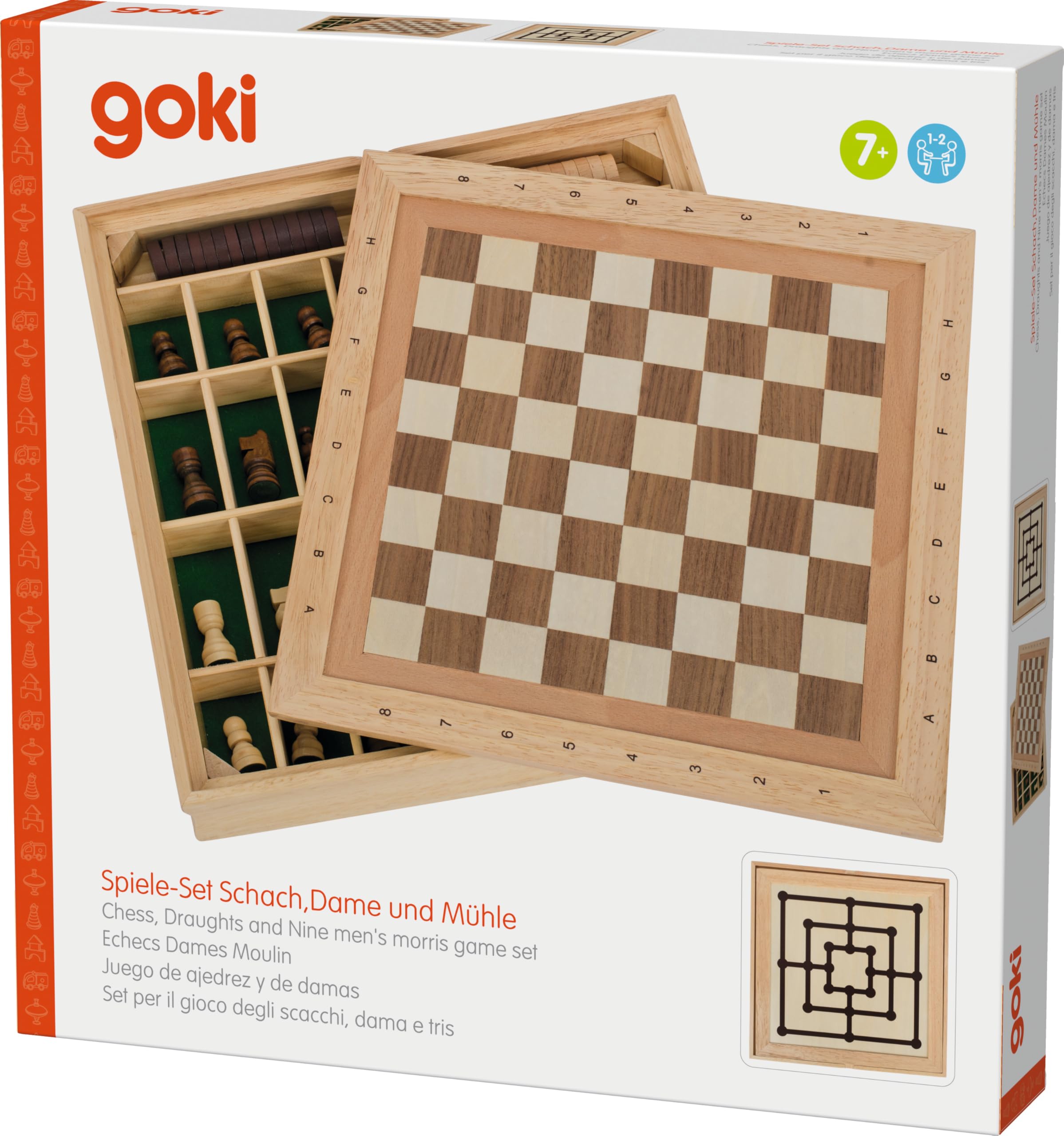 goki 56953 Spiele-Set Schach, Dame und Mühle, Holz, 34 x 34 x 5 cm, Gesellschaftsspiel Strategiespiel ab 7 Jahren