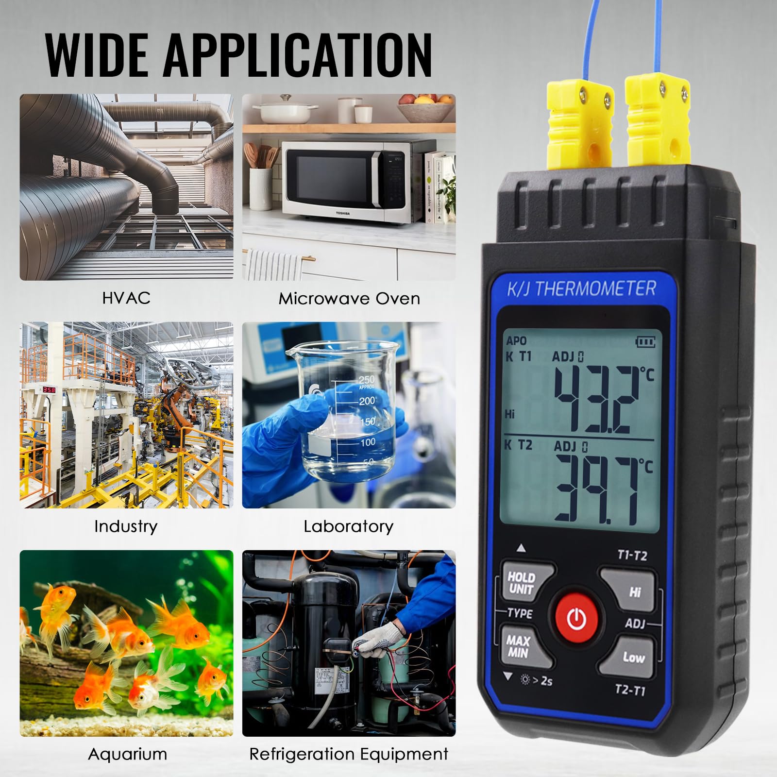 Termometro digitale a doppio canale tipo K/J con 4 termocoppie, campo -328~2501℉, strumento di misurazione temperatura HVAC con allarme