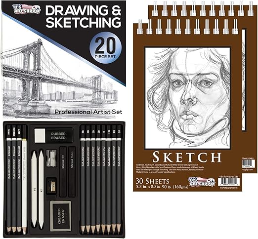 U.S. Art Supply 20 Piece Professional Artist Sketch Set in Hard Storage Case - Sketch & Charcoal Pencils, Pastel, Stumps, Eraser, Sharpeners - Bonus (Pack of 2) -5.5" x 8.5" Sketch Pads