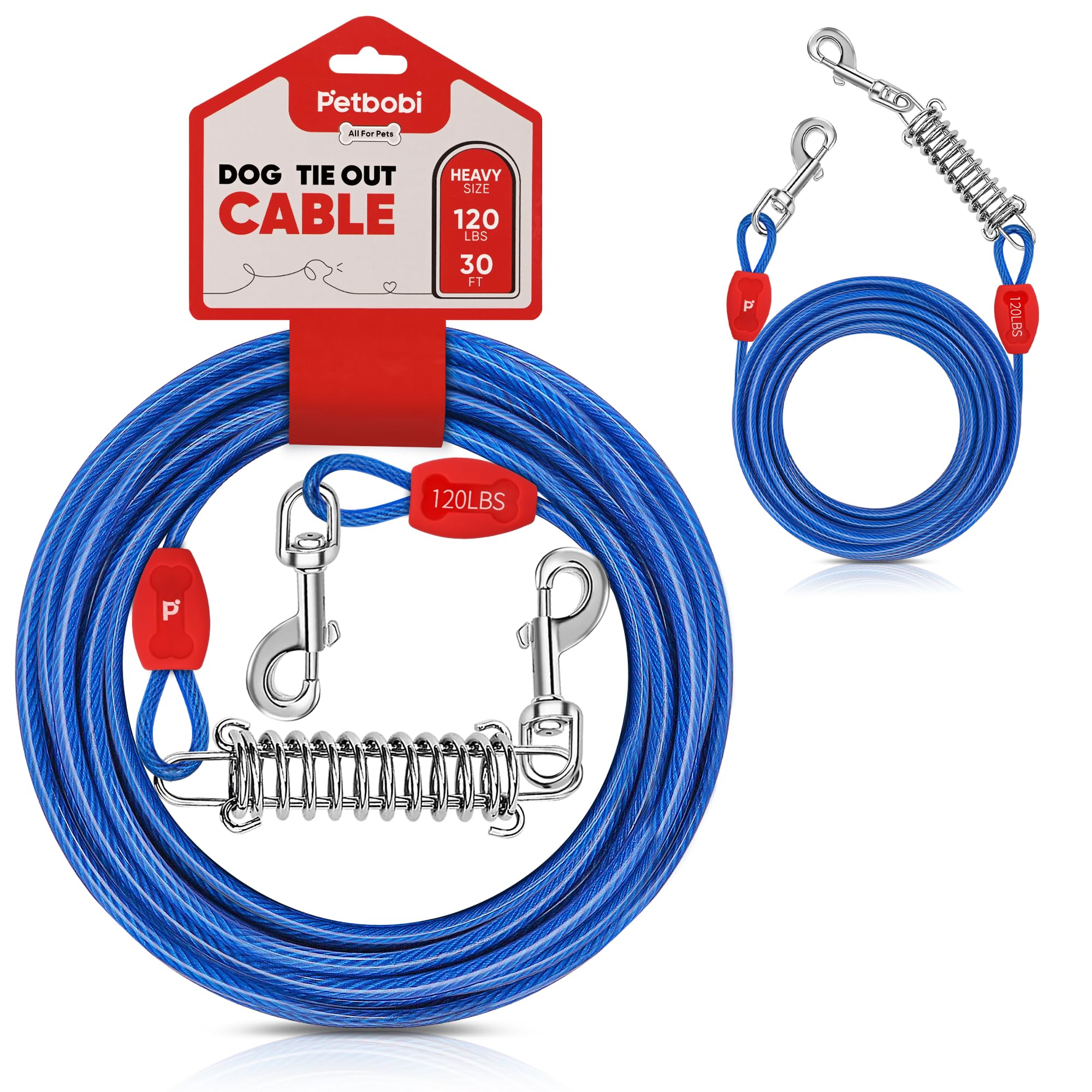 Petbobi 2 Pack 30ft Tie Out Cable for Dog with Durable Spring and Metal Swivel Hooks for Outdoor, Yard and Camping, Rust- Proof Training Tether for Small to Medium Dogs Up to 120 Pounds, Blue