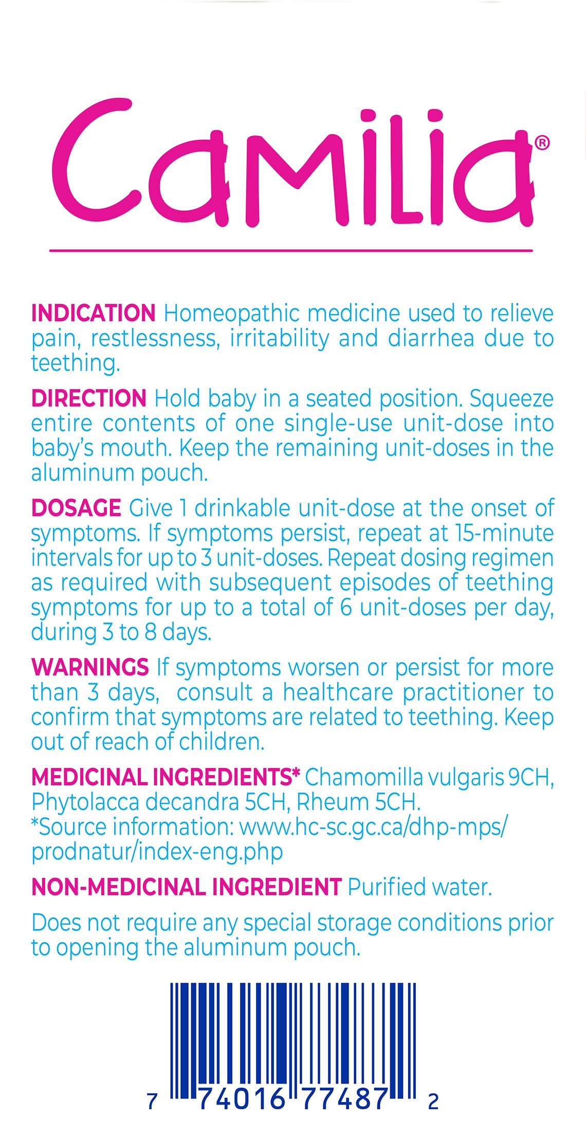 Boiron Boiron Camilia Baby Teething Medicine, 30 unit-doses. Camilia used for pain, restlessness, irritability and diarrhea due to teething. Benzocaine-Free and Preservative-Free ,No Sugar, No Dye. 1 to 30 months Day and night use in use