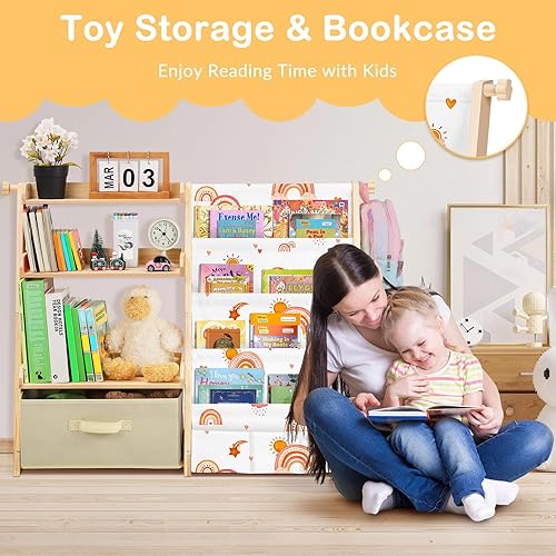 Miniatura 6 de Estantería infantil y organizador de almacenamiento de juguetes 2 en 1 para niños pequeños, estante de 4 niveles con caja de juguetes para