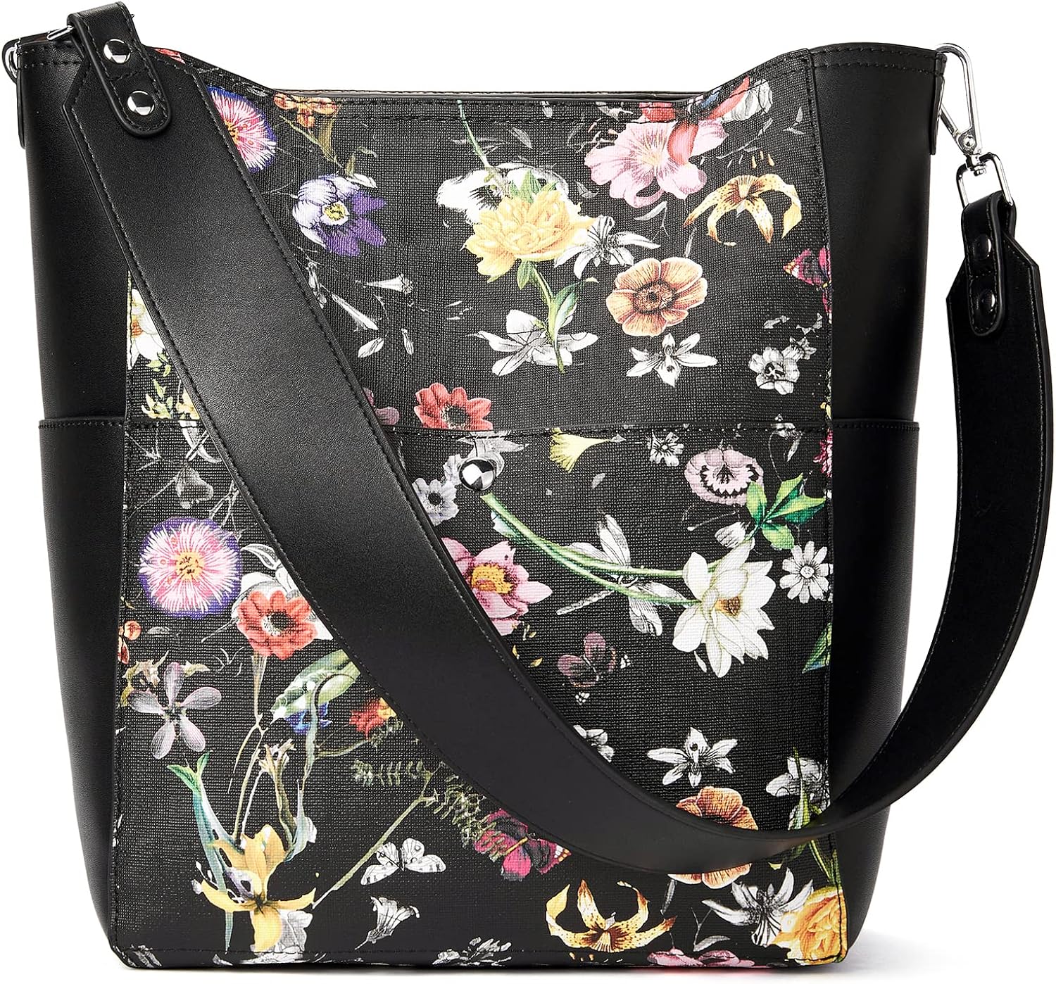 BROMEN Women Handbag Designer Vegan Leather Hobo Handbags Shoulder Bucket Crossbody Purse Flowers/Black