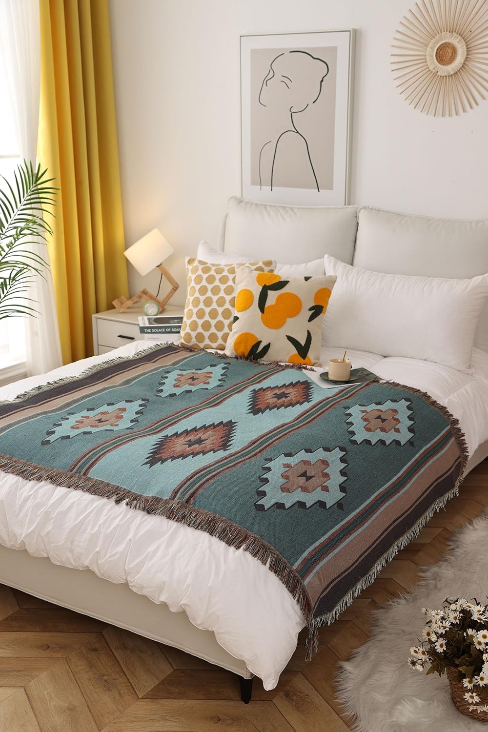 Aztec Patterned Throw Blanket Boho Soft Sherpa Traditional Southwestern Navajo Tribal Style Warm Throw for Camping Outdoor Light Weight Cozy Bohemia Blanket for Couch Sofa Bed 70”x90” Pumpkin Rust