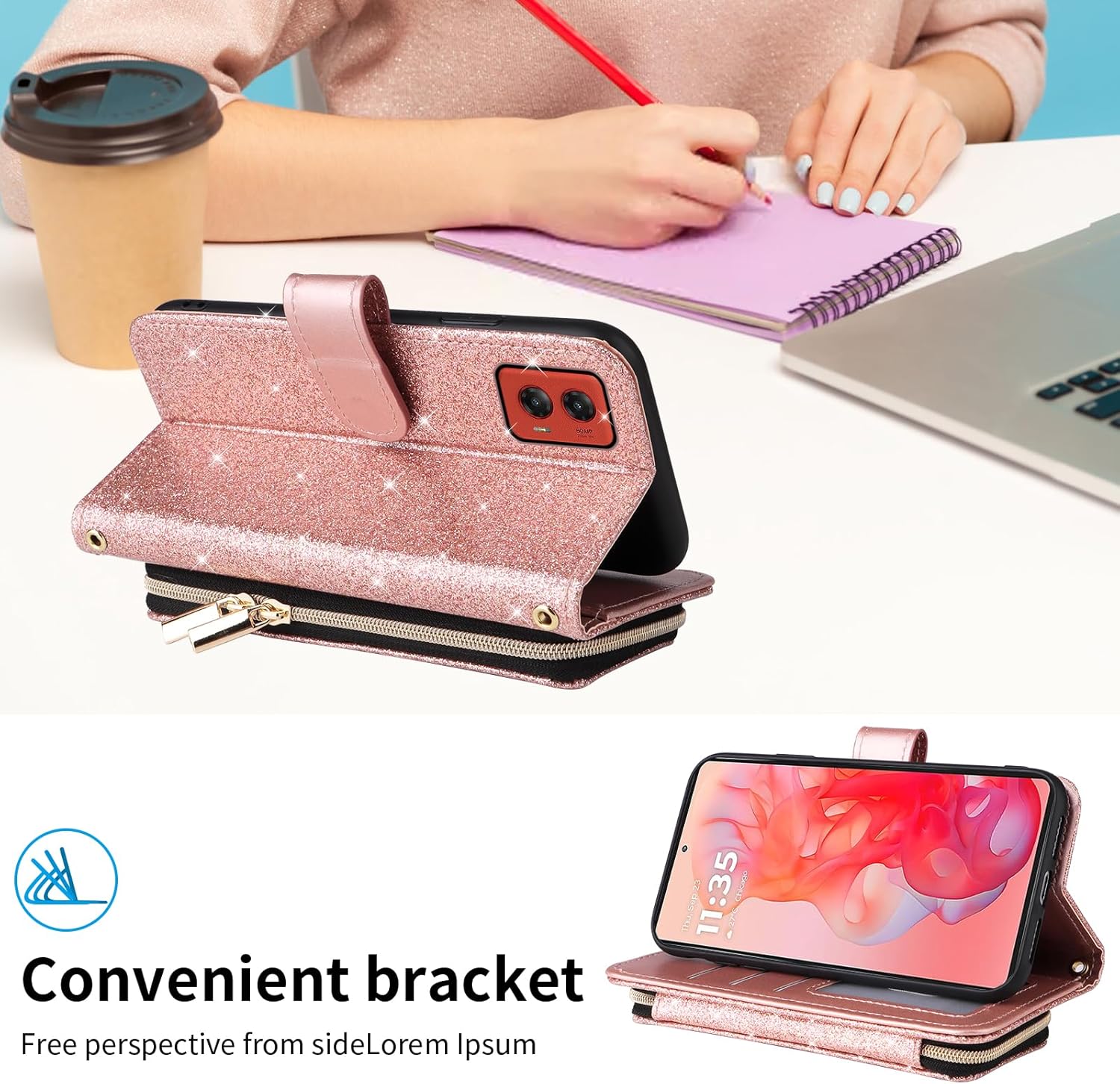 Wallet Case for Motorola Moto G Stylus 5G 2024 with Detachable Wrist Strap Crossbody Shoulder Strap 9 Card Slots Zipper Purse Luxury PU Leather Stand Cell Phone Cover for G5 Girls Women Pink