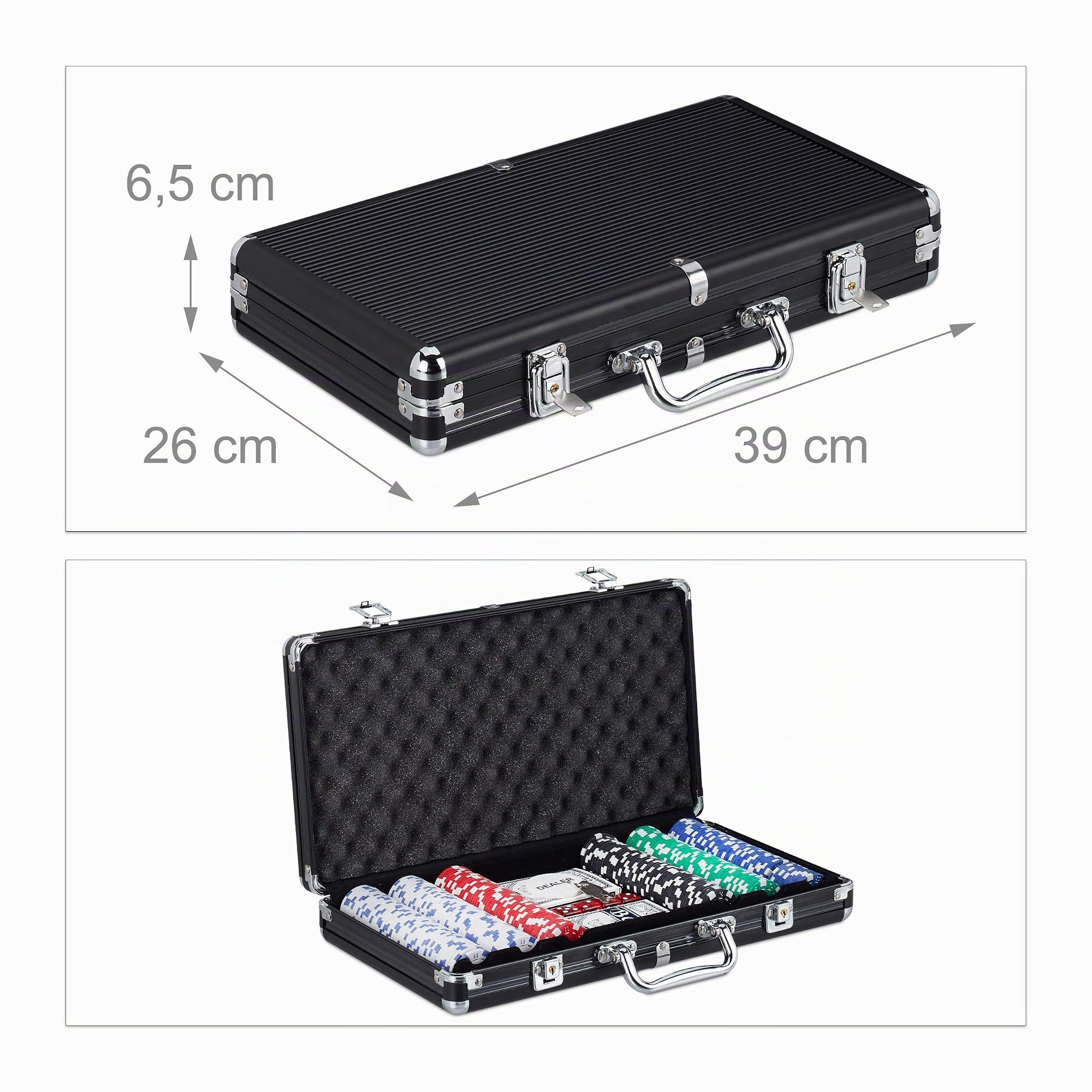Relaxdays Maletín Póker, 300 Fichas Póquer sin Valor, 2 Barajas Cartas, 5 Dados, Pin Crupier, Cerradura, Aluminio, Negro