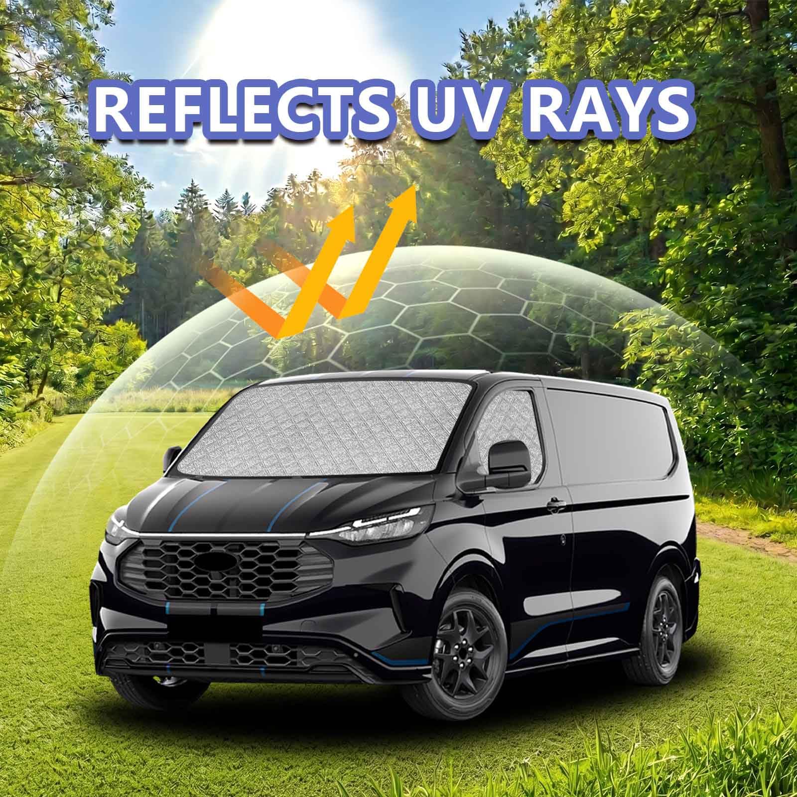 3-częściowy zestaw pokrowców przeciwsłonecznych do samochodu VW New Transporter (2024-2026) i Ford Transit Custom (od 2023) | ochrona przed słońcem, przednia szyba składana wewnątrz i magnetyczne