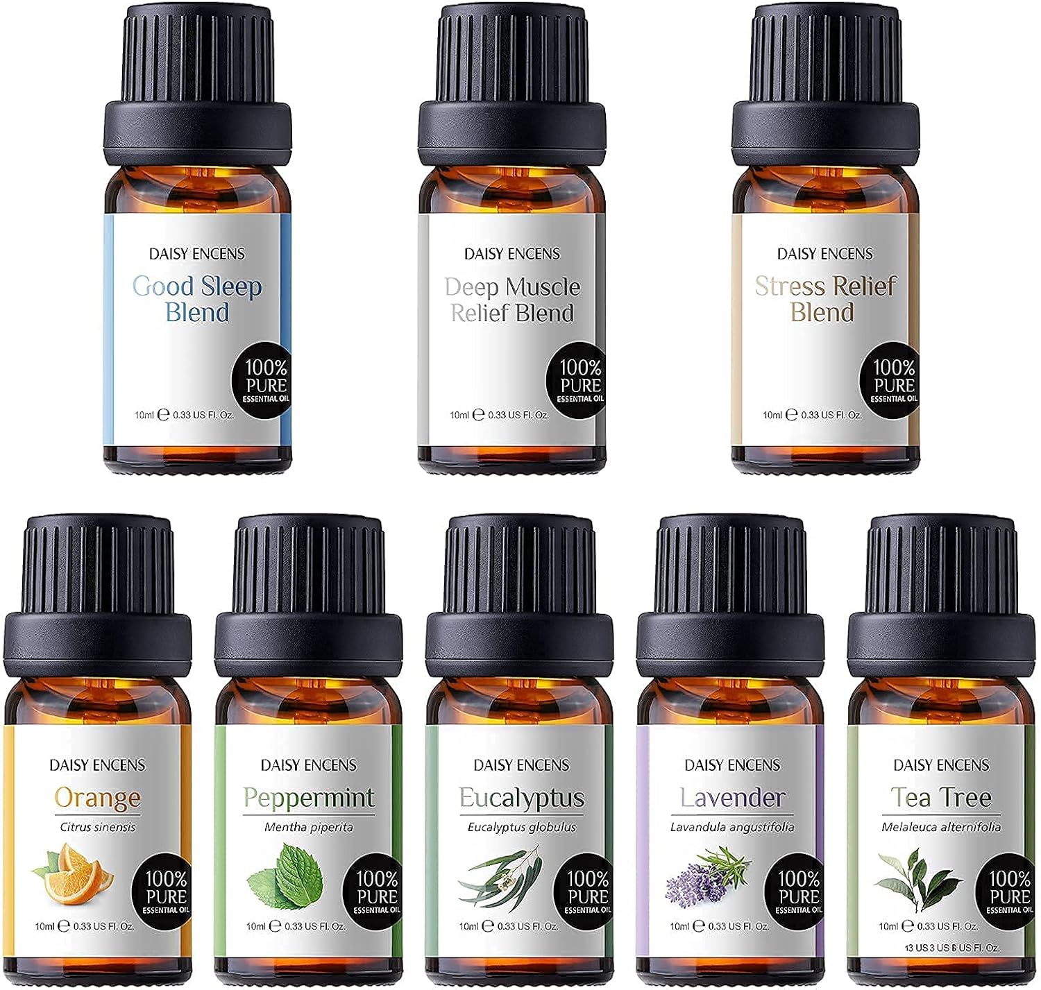3 Blends Essential Oils + 5 Essential Oils, Top 8 Therapeutic Grade Aromatherapy Oils for Sleep, Skin, Home, Humidifiers, Essential Oil (Tea Tree, Orange, Lavender, Eucalyptus, Peppermint) - 10ml