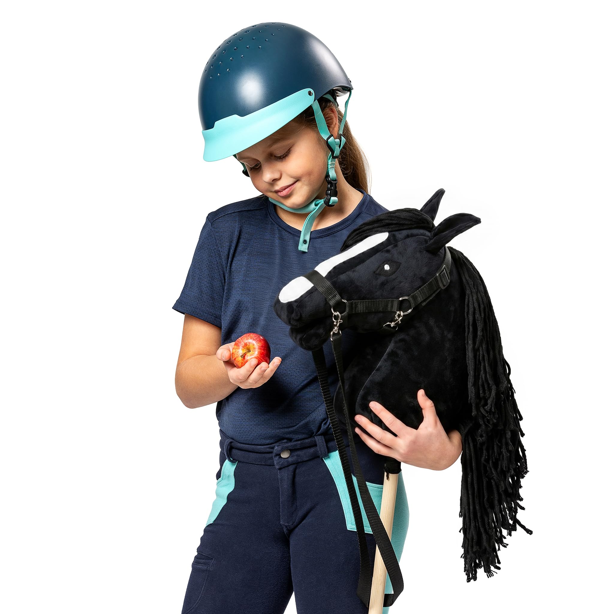 SKIPPI Hobby Horse Schwarz, A3 Steckenpferd mit Halfter und Zügeln im Set | Schwarzes Stockpferd mit Blesse und anklettbaren weißen Mähnensträhnen, Personalisierte Mähne, Hobby Horsing Pferd