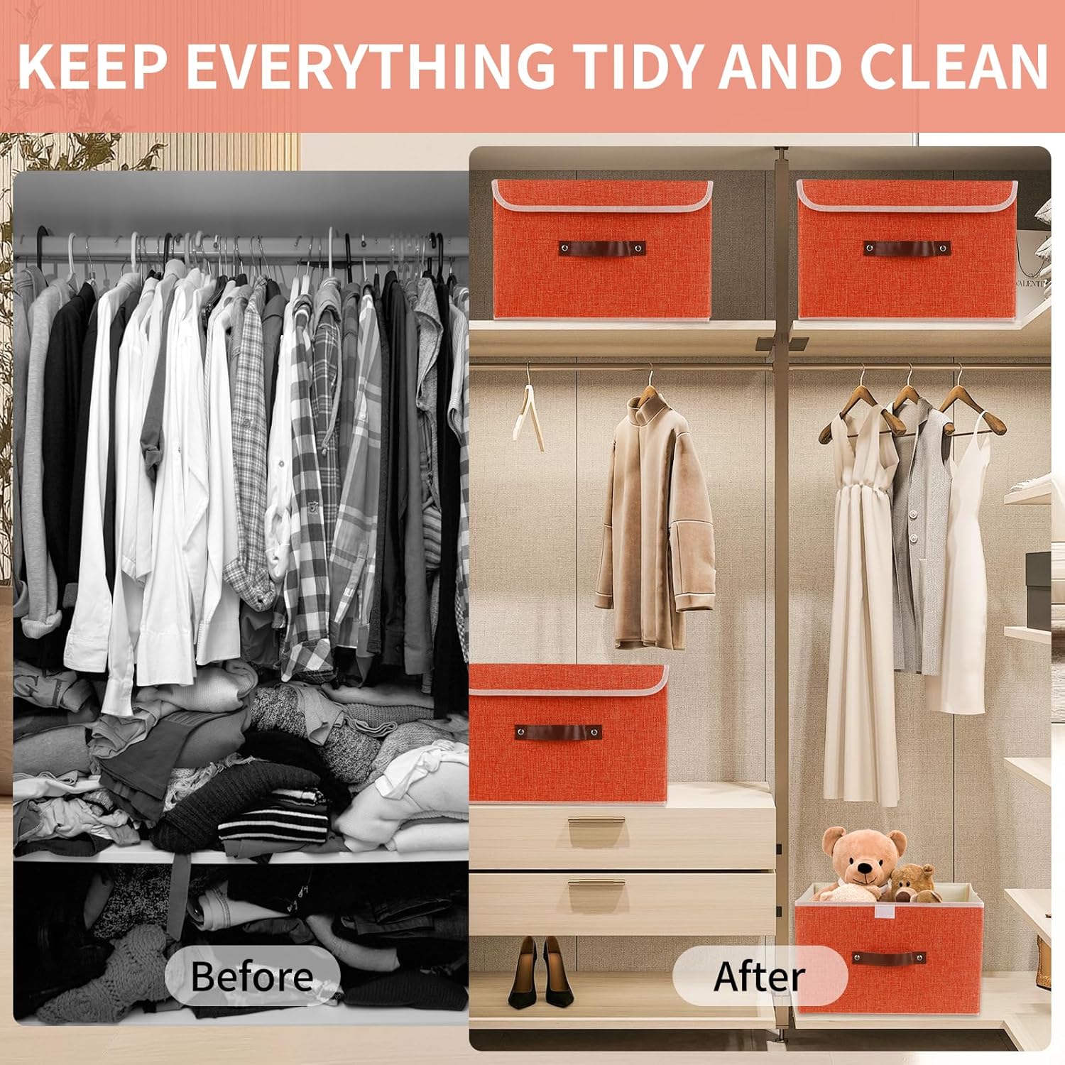 Large Storage Bin with Lid Storage Boxes,Collapsible Linen Storage Basket Container with Lid Storage Cube for Organizing Closets,3 Pack(Orange)