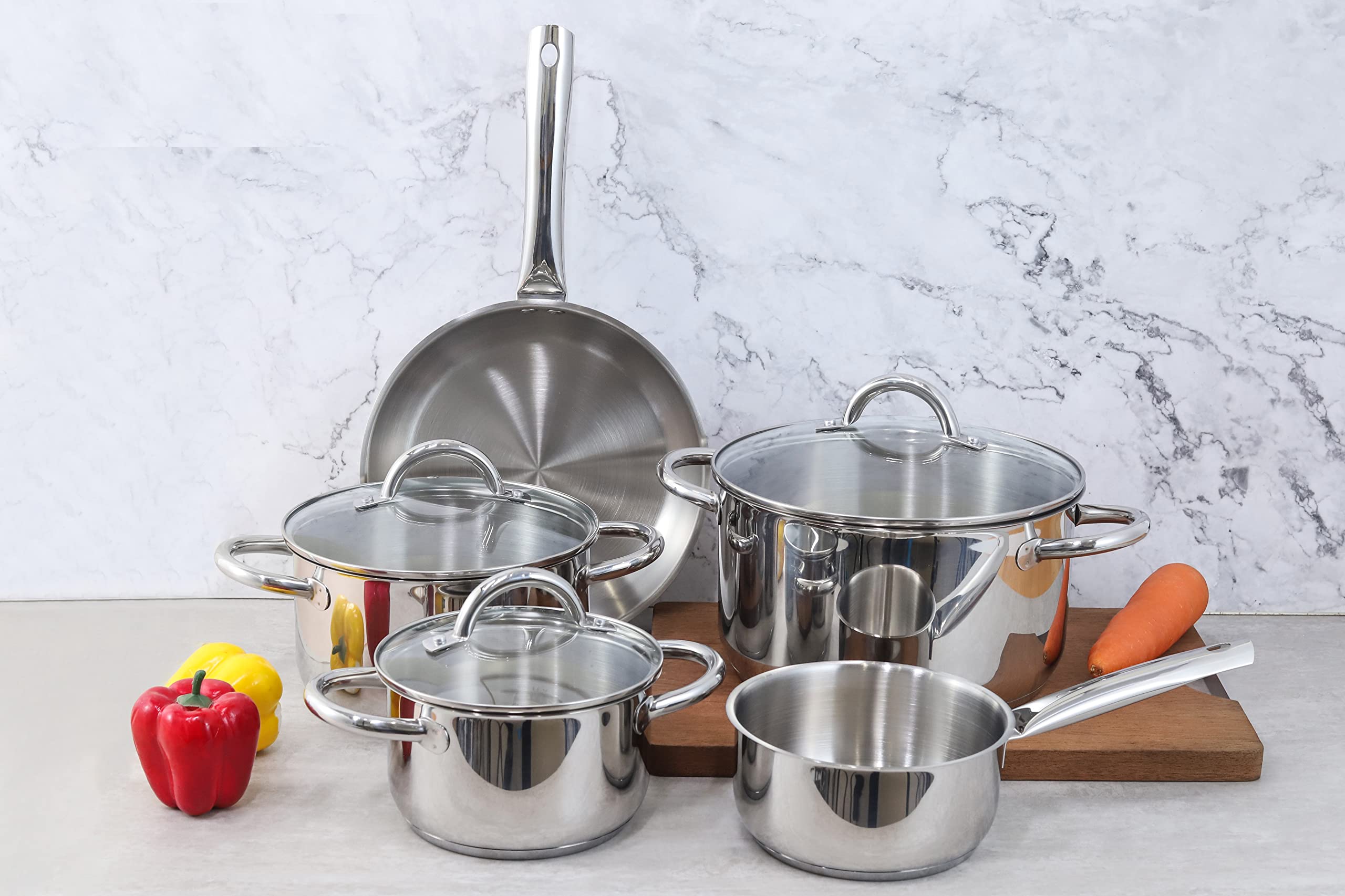 Echtwerk Juego de 8 cacerolas de acero inoxidable - Con tapa de cristal - 3 cacerolas - Para todas las cocinas - Edición plateada