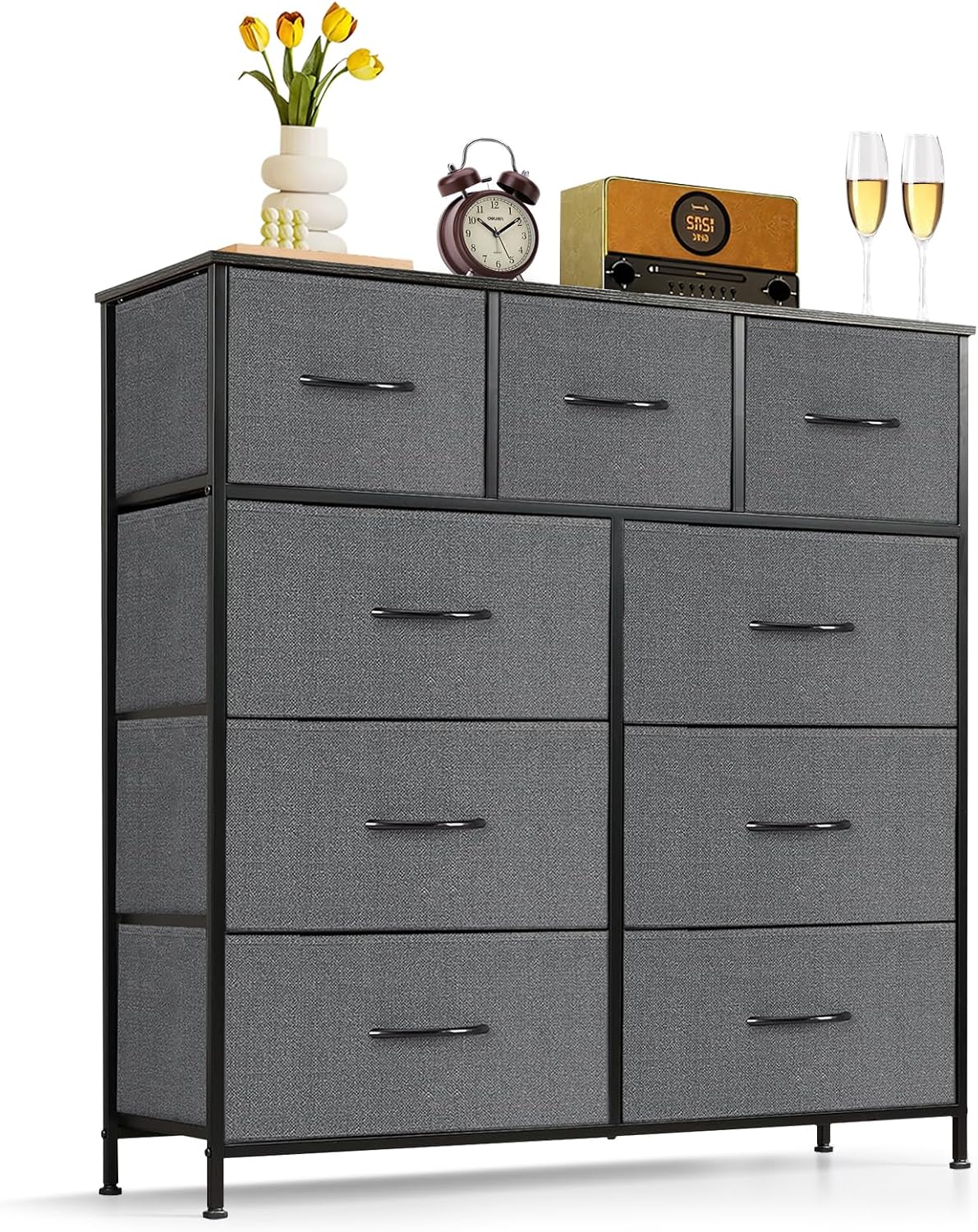 9-Drawer Dresser for Bedroom, Anti-Tip Tall Storage Organizer Chest of Drawers with Wooden Top and Metal Frame Fabric Bins for Closet, Living Room, Hallway, Entryway, Gray