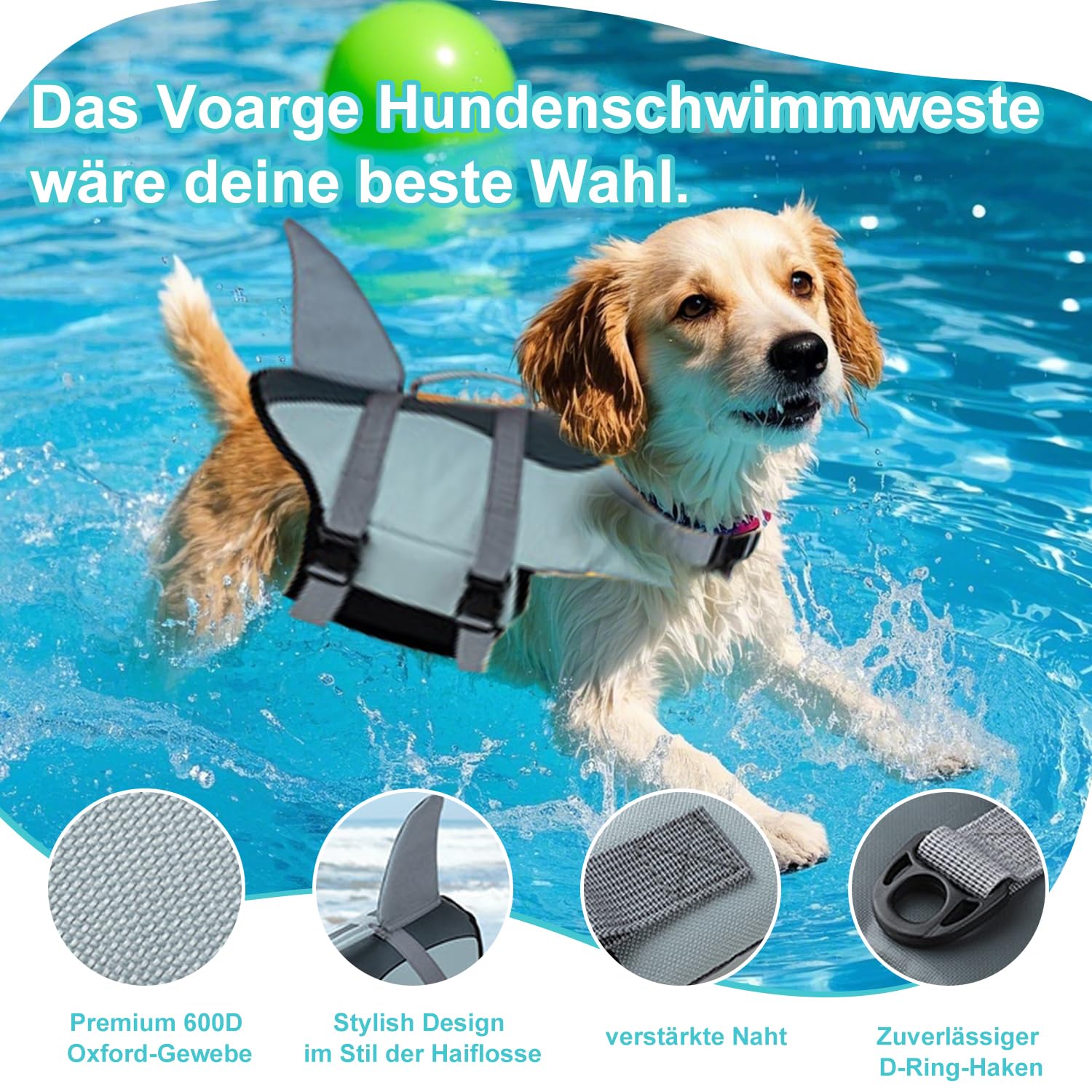 Voarge Hundeschwimmweste für Haie, mit Griff,Sicherheitsweste für Haustiere Hundeschwimmweste (Grau, M)