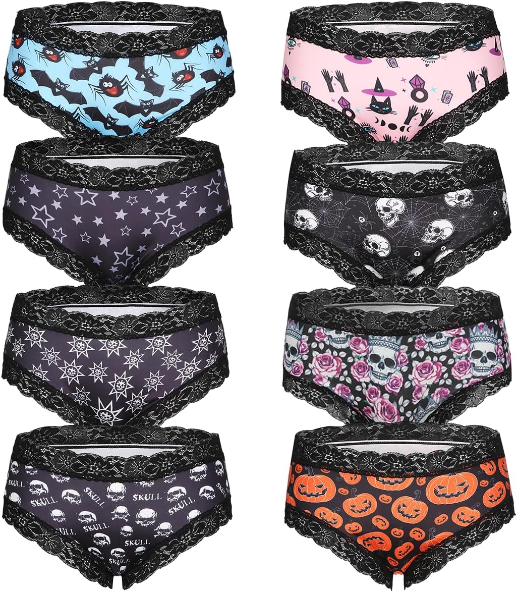 SYVIN Women 8pcs Cute Halloween Allover Skull Print Hipster Panties, Lace Trims Low Rise Bikini Comfortable Underwear - Image 4
