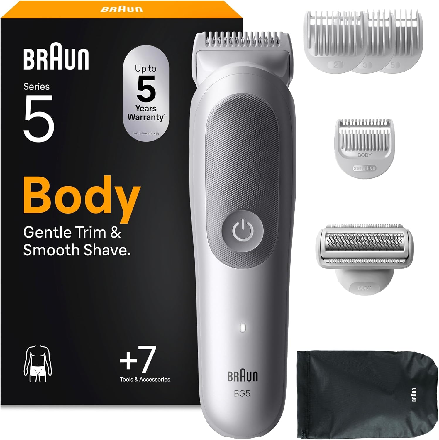 Braun Tondeuse Electrique Pour Le Corps Pour Hommes Series 5 BG5555 Gris, etanche, Coffret Avec +7 Outils De Rasage, Lame SkinGuard, Douce Pour Zones Sensibles, Kit De 4 Sabots, Brosse De Nettoyage