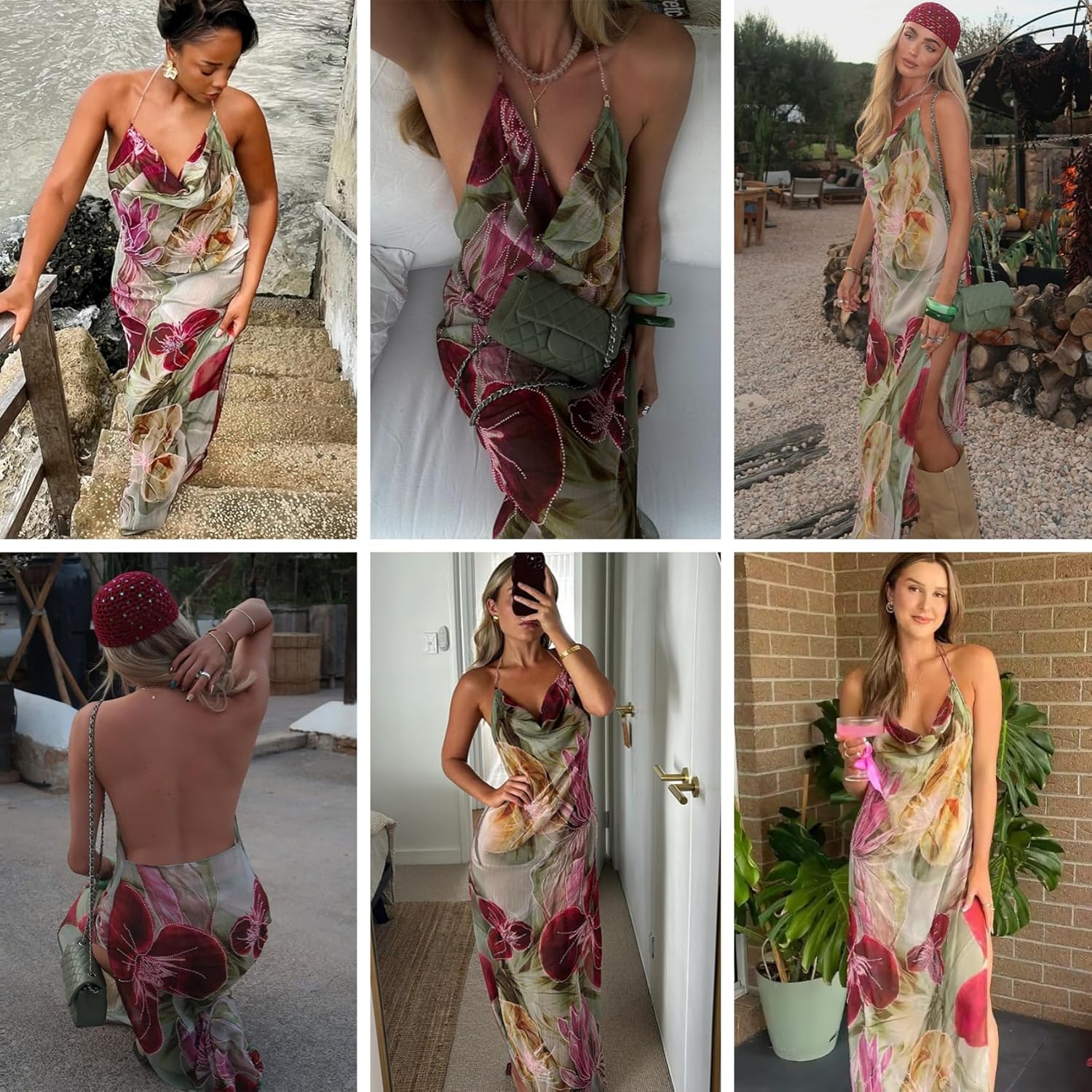 RARITYUS Women Sexy Open Back Tropical Floral Maxi Dress Beaded Chain Cowl Neck Side Slit Vacation Dress Party Dresses - Image 7