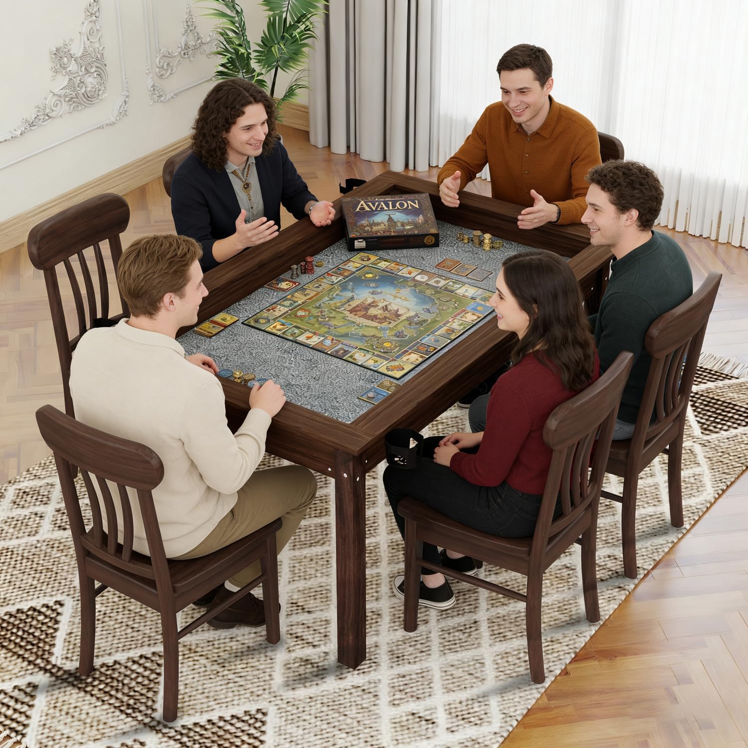 Solid Wood Board Game Table with Removable Top 4-6 Players, Dining & Gaming Table with Play Mat and Rotating Cup Holders, Game Tables for Adults Card DND Poker (Rectangle)