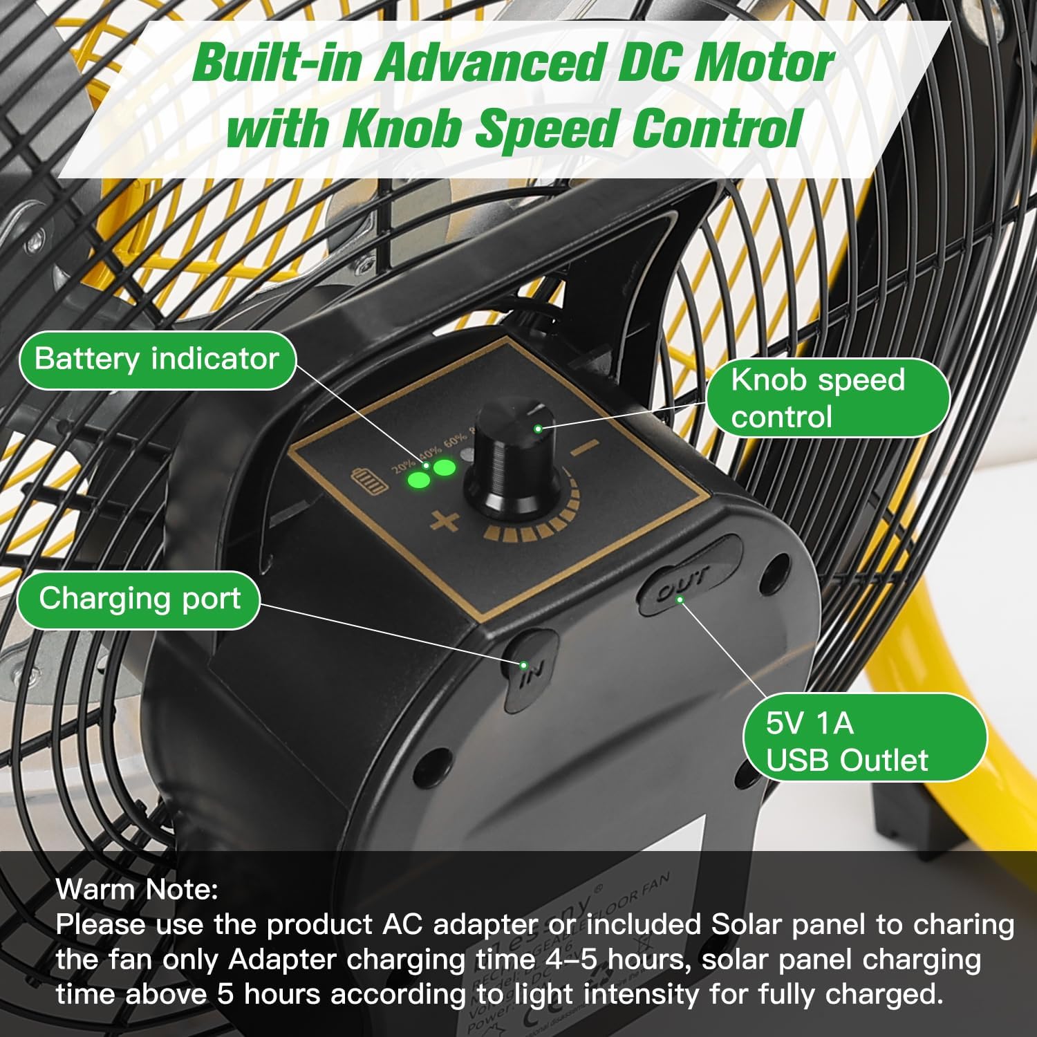 16" Large Solar Rechargeable Floor Fan for Home Outdoor Camping Gazebo Greenhouse Barn Poultry Pet House Cooling or Air Circulation - Image 4