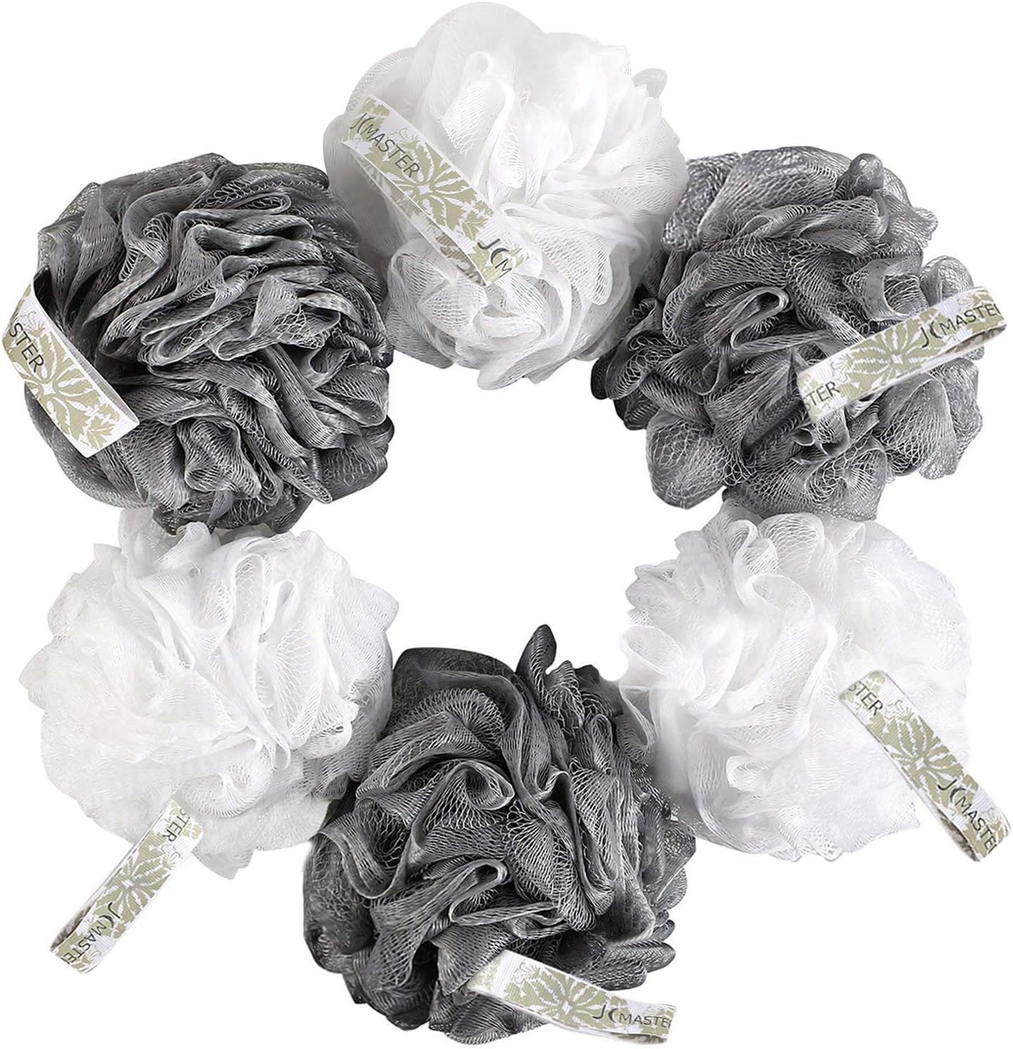 JCMASTER Loofah Shower Scrunchie for Men Women, Mesh Pouf Poofs Puff Bath Lufa Loufa Luffa Scrubber Sponges for Exfoliating Your Skin 6 Pack, Large, White and Gray, 75g Each