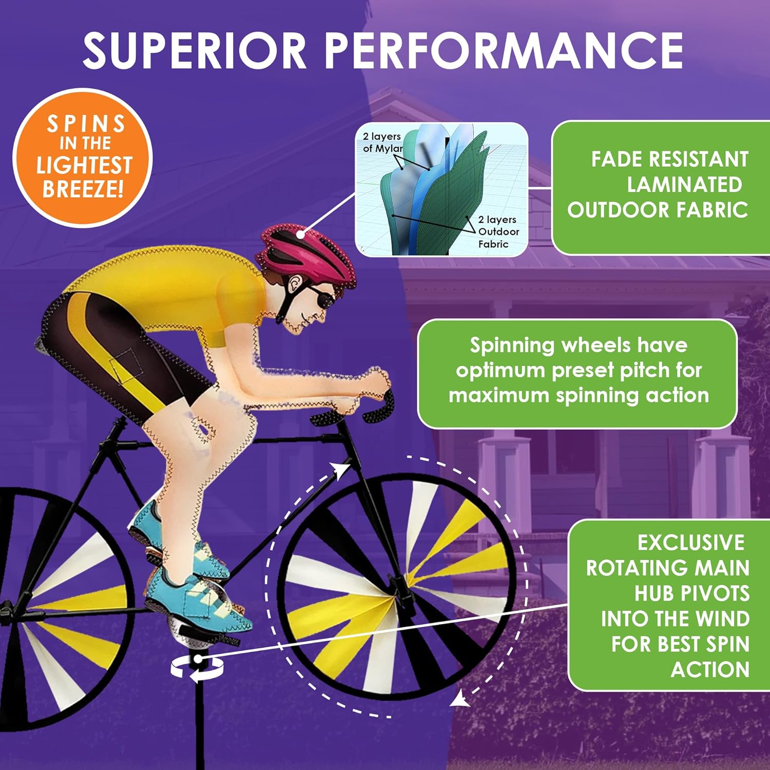 Road Bike Spinner Man 1555 22" – Athletic Cyclist Design, Weather-Resistant Outdoor Decor, Durable & Lightweight for Patios, Yards, and Gardens - Eye-Catching Wind Spinner with Rotating Wheels