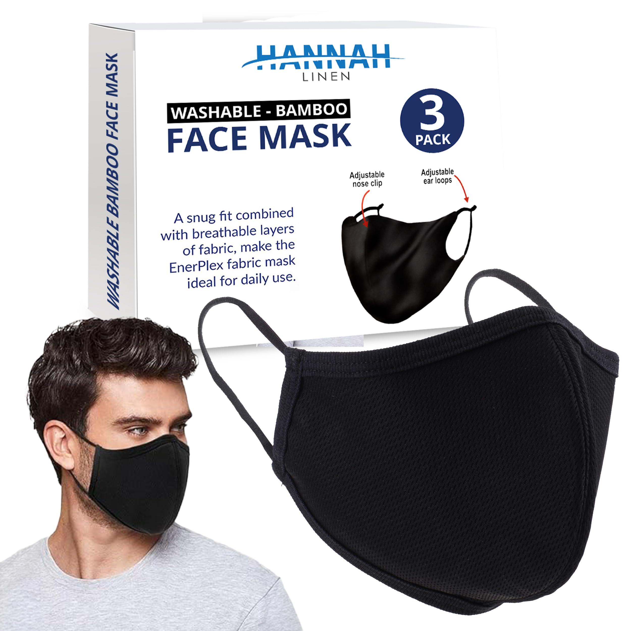 Hannah Linen Reusable Black Face Masks 3-Pack - Machine Washable Cloth Mask - 3-Layer Protection, Breathable Cotton Fabric