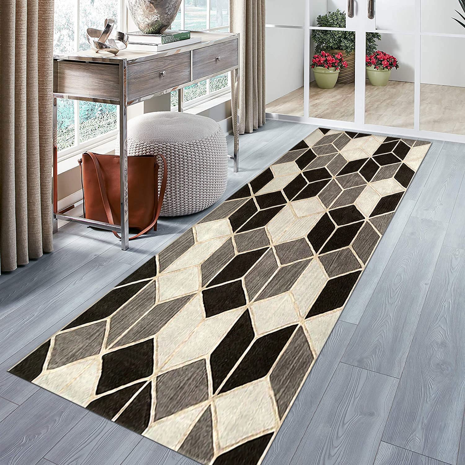 Tapis de couloir pour couloir et cuisine, antidérapant, lavable, motif géométrique moderne, patchwork à carreaux, tapis durable pour entrée et salon