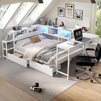 Corner Twin Bed Frame with Desk and 6 Bookcase, Twin Corner Bed Frame with Storage Drawers, LED Light and 2 Charging Station, Metal Twin Corner Daybed for Living Room Bedroom Guest Room, White