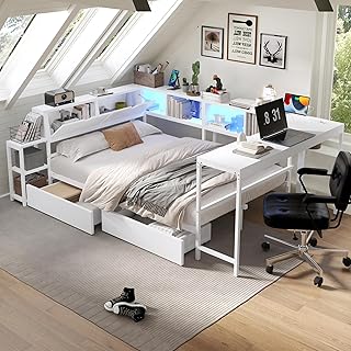 Bellemave Full Corner Bed Frame with Desk and Storage, Full Size Captains Bed with Charging Station and LED Light, Wood Daybeds with L-Shaped Bookcase and 2 Drawers, White