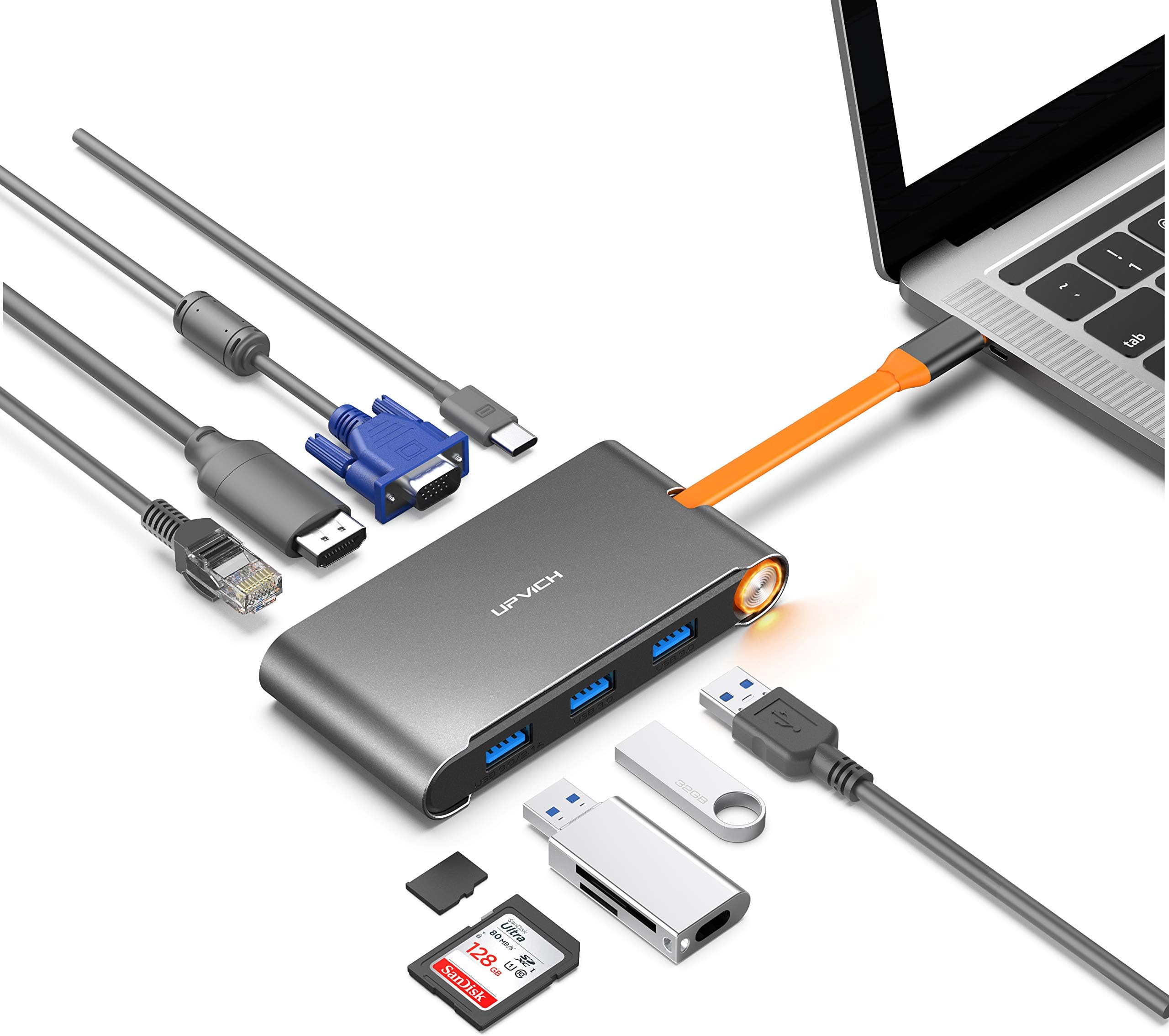 USB C Hub,7 in1 USB C Adapter with HDMI 4K,VGA 1080p,3 USB 3.0,1000/M Ethernet,PD 100W Port Compatible with Macbook Pro 2016 to 19,Air 18/19,iPad Pro 18/19,ChromeBook,XPS,Galaxy S8/S9 and More