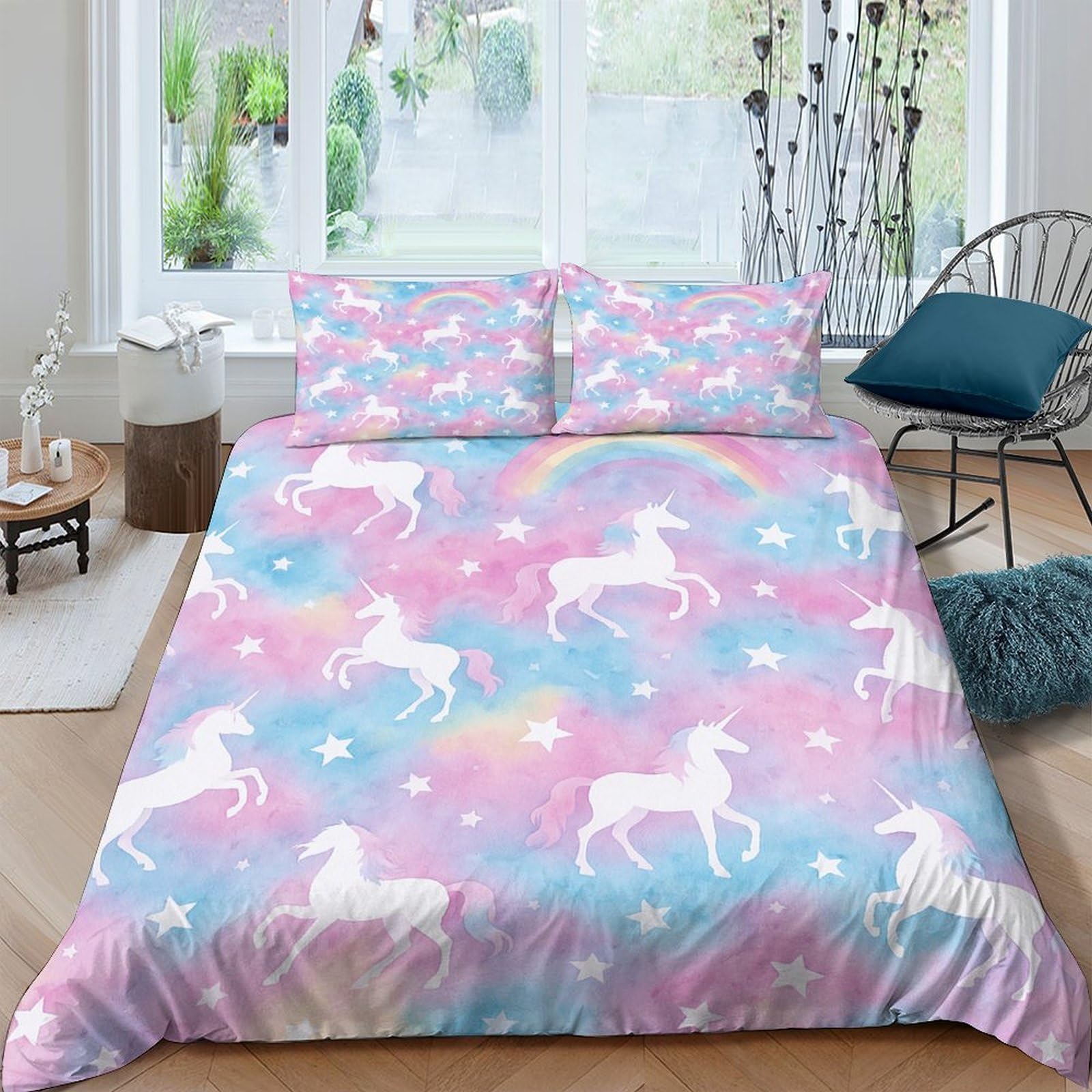 GPLZQXKJNH 3D Printed Unicorn Rainbow Duvet Cover Microfiber Soft Pastel Bedding Set with 2 Pillowcases for Bedroom Decor Single（135x200cm）