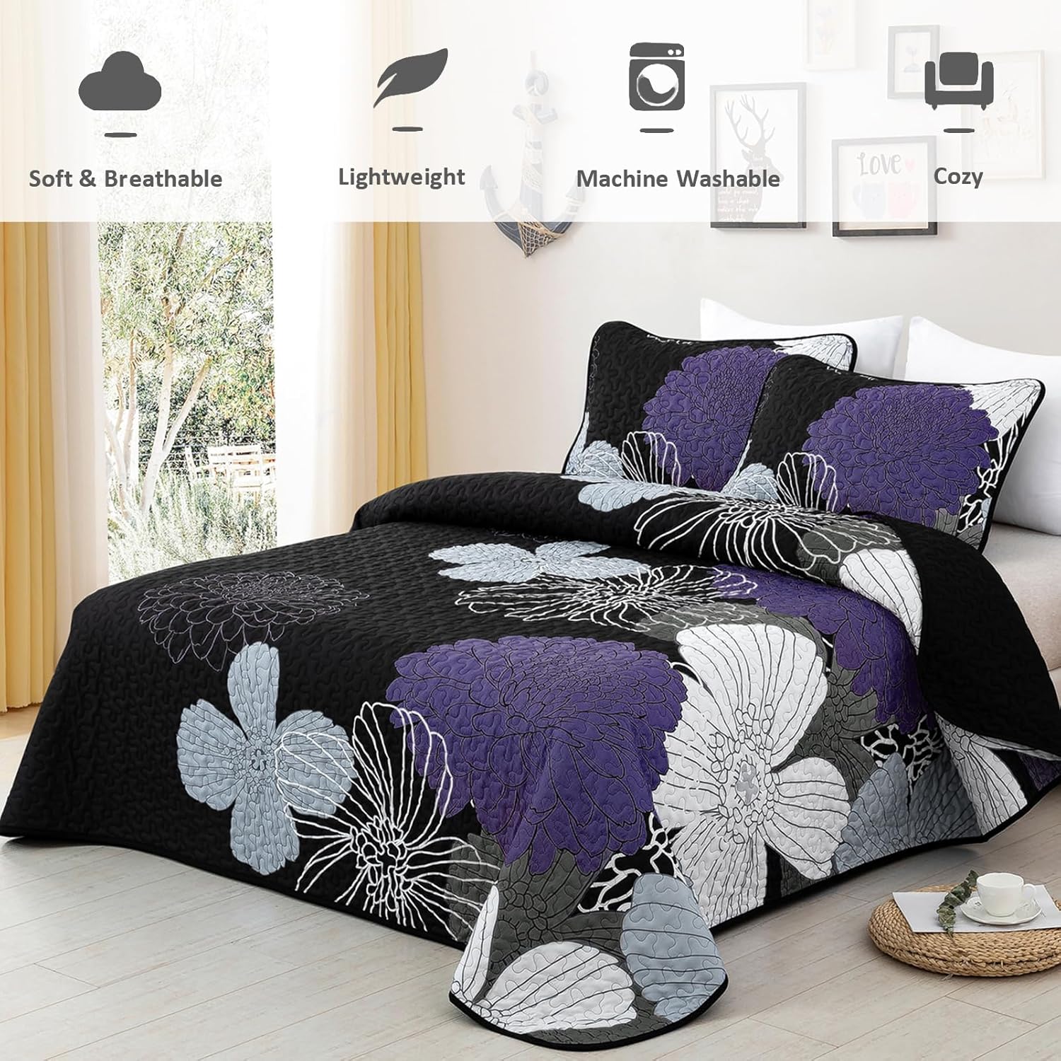 Purple Floral Quilt Set Queen Size - 3 Pieces Purple Flower Pattern Coverlet Set, Soft Microfiber Lightweight Quilted Bedspread for All Season with 2 Pillowcases All Seasons Bed Cover Set 96"x90" - Image 2