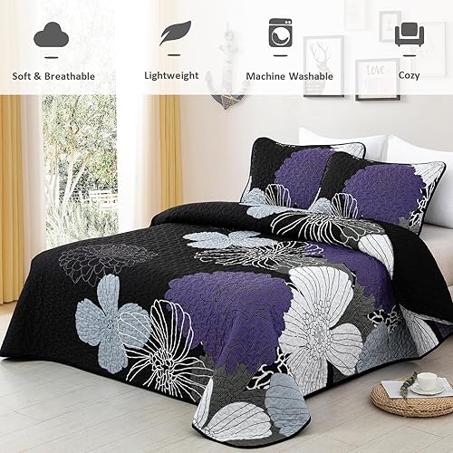 Miniatura 2 de Juego de edredón floral morado, tamaño Queen, juego de edredón de 3 piezas con patrón de flores moradas, colcha acolchada ligera de microfibra suave