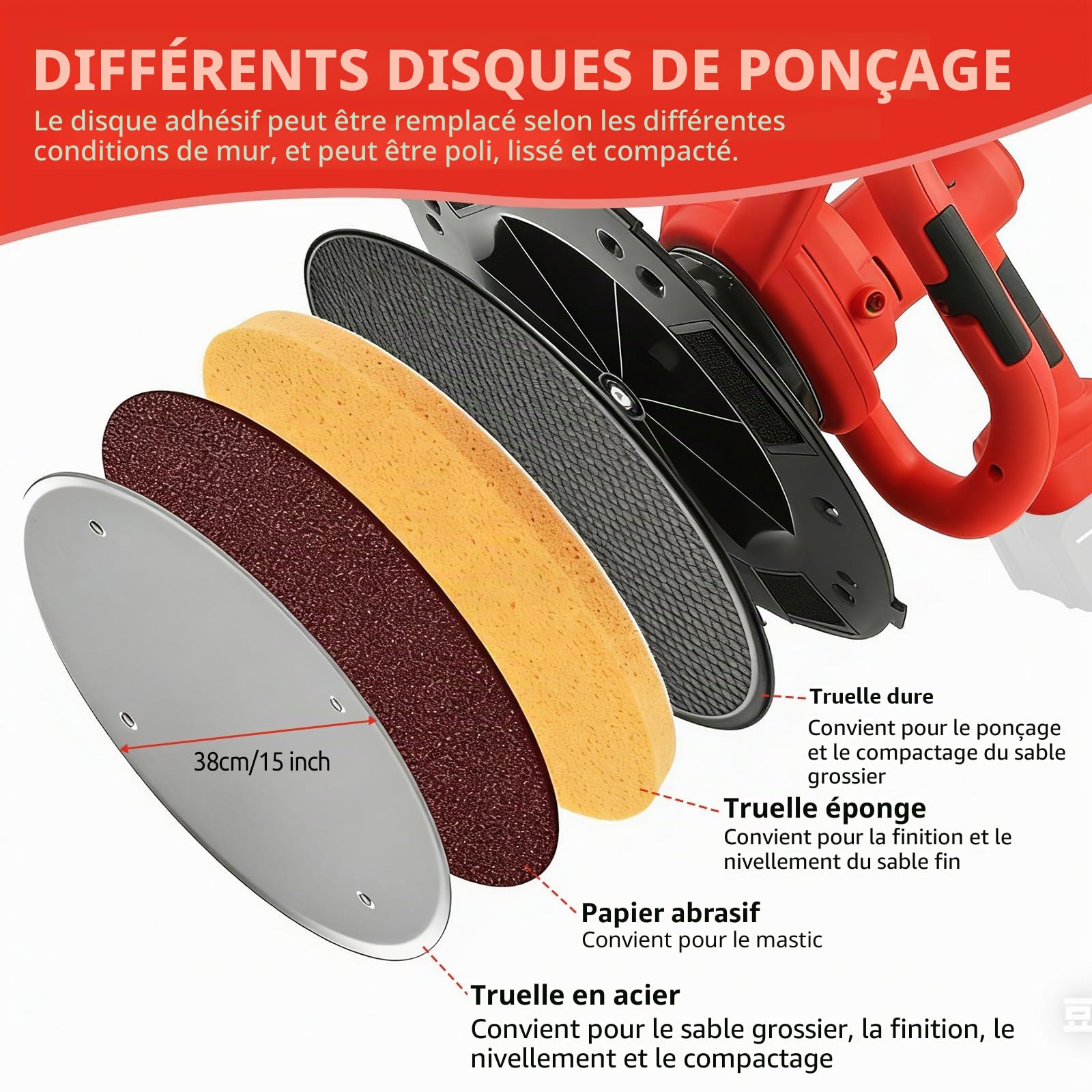 Machine de lissage mural électrique (batterie non incluse), mélangeur 2 en 1 + machine de lissage de plâtre, machine de finition de mortier mural, 6 vitesses variables, truelle électrique pour lisser