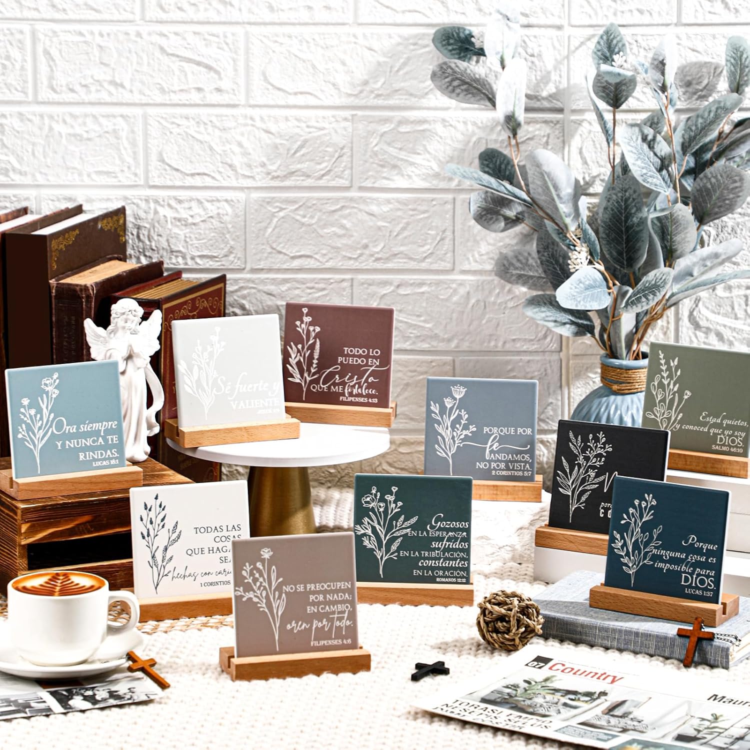 Roowest 10 Pcs Easter Christian Desk Decor Bible Verse Ceramic Sign Christian Table Plaque Desk Decor with Wood Stand Regalos Cristianos Para Mujer for Women Men Mothers Day Church Gift(Spanish)