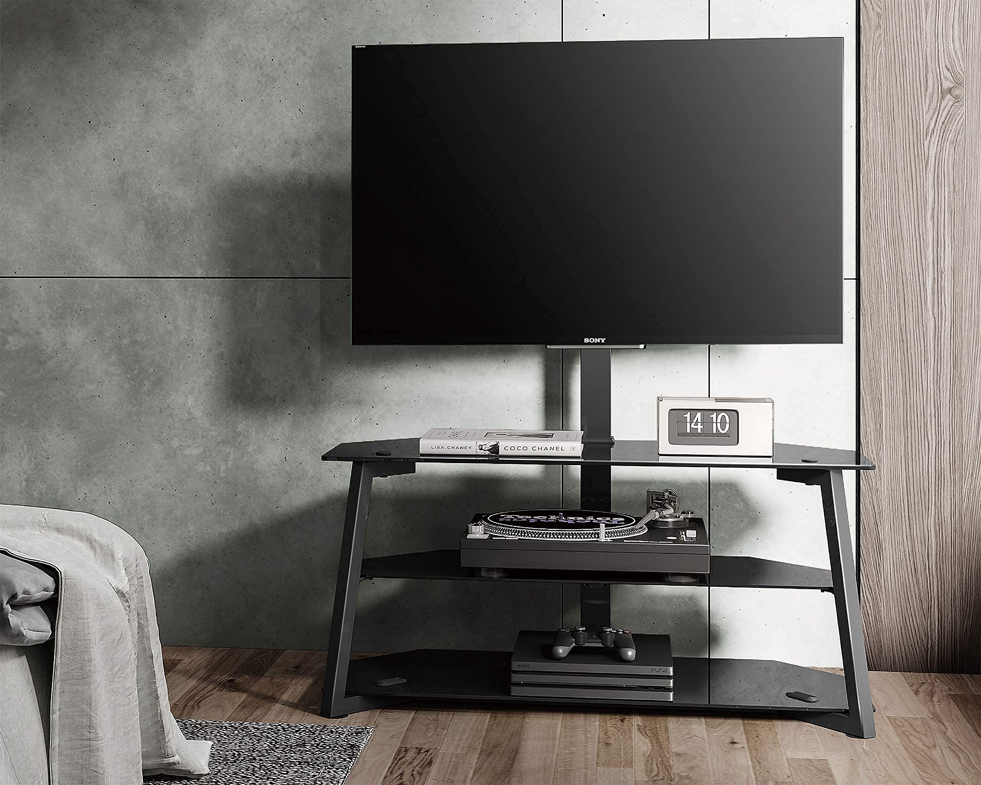 FITUEYES 3-Tier Universal Corner Floor TV Stand for 37-70 Inch TVs Entertainment Stand with Storage for Media-Height Adjustable Stands with Tempered Glass & Cable Management, VESA 600x400mm